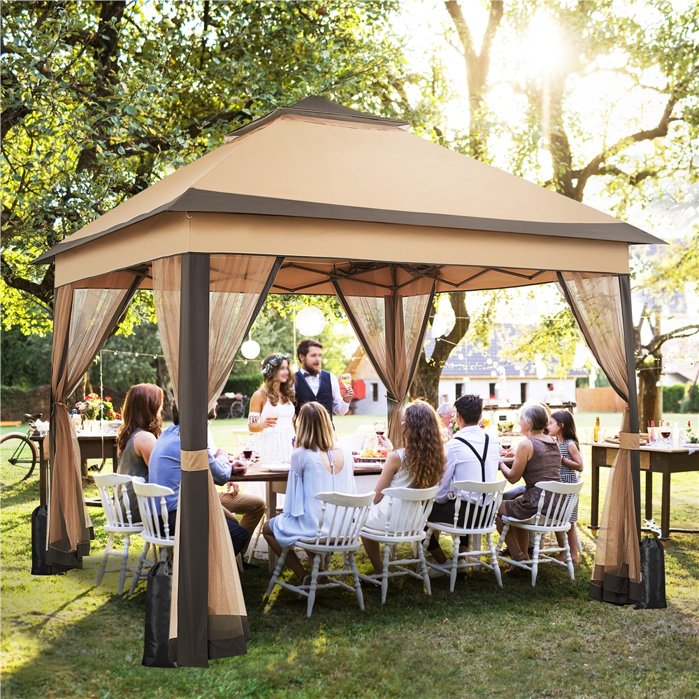 Renwick 11¡Á11 ft Pop-Up Gazebo Tent with 4 Mesh Sidewalls, Khaki/Brown