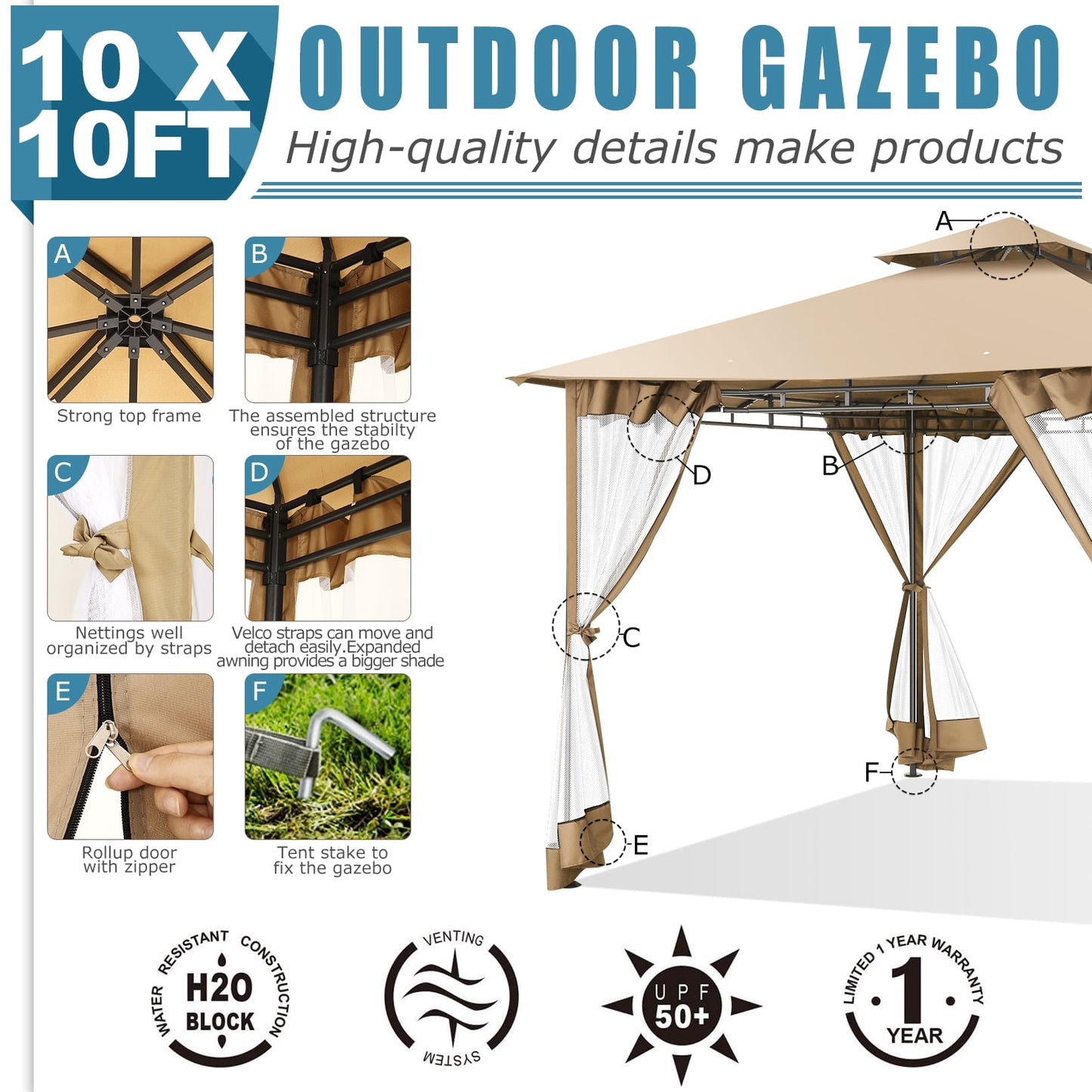 COBIZI Easy Assembly Outdoor Furniture Patio Canopy,10x10 Outdoor Gazebo with Mosquito Netting,Shade Tent for Party, Backyard, Deck, Patio Lawn & Garden,Khaki