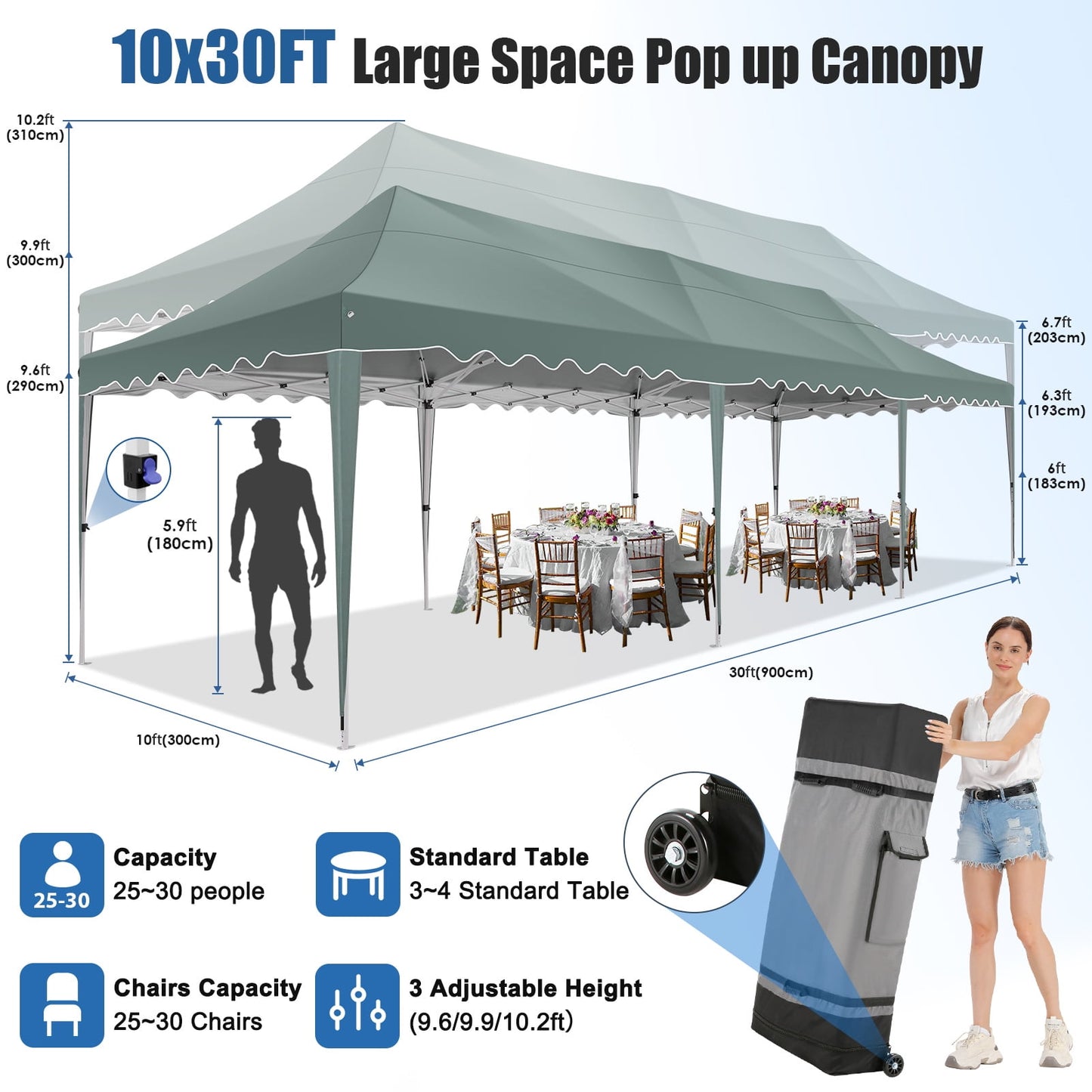 COBIZI 10x30 Pop-up Canopy Tent with 8 Sidewalls,UPF 50+ Windproof 2000+Waterproof Wedding Event Tents for Outdoor Events,Party Parties Canopy with Roller Bag,Gray