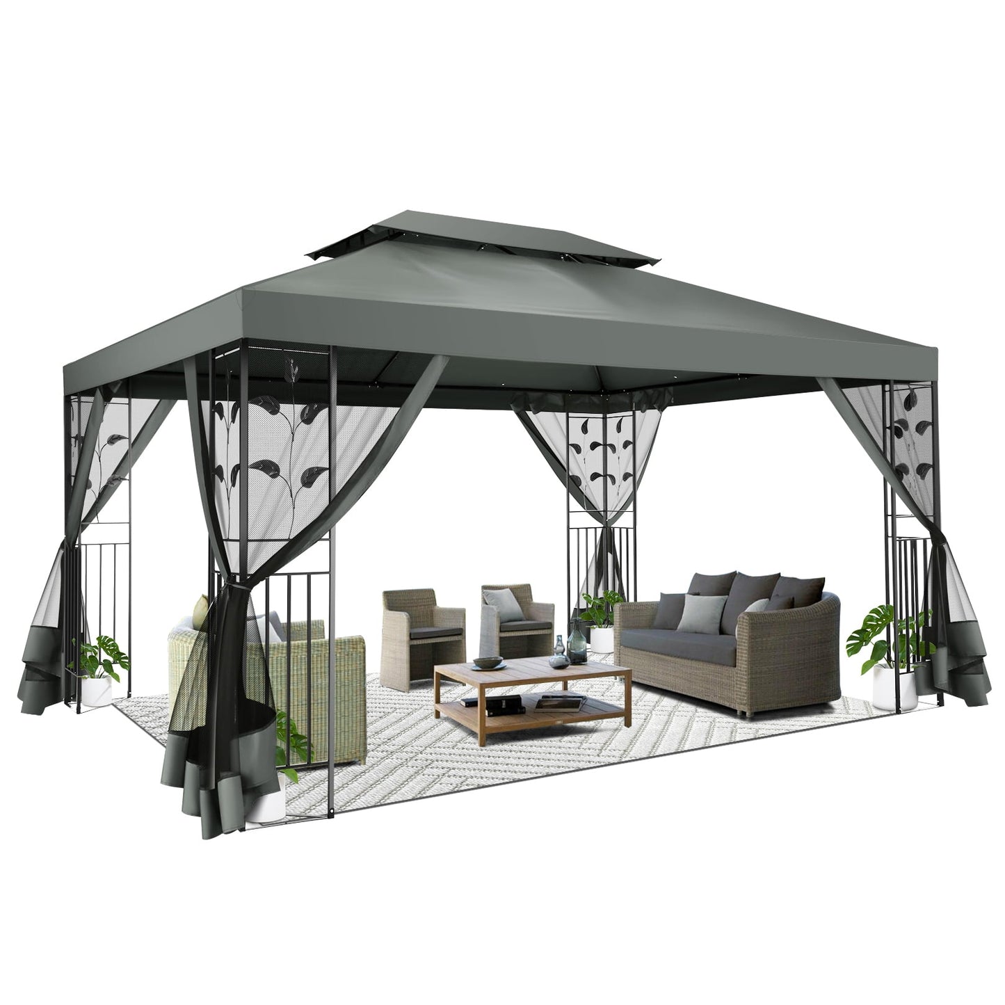 COBIZI 10'x 13' Metal Patio Gazebo, Outdoor Gazebo Canopy Tent for Backyard with Mosquito Netting, Gazebos Shelter with Steel Frame, Patio Covers for Sun and Rain, Gray