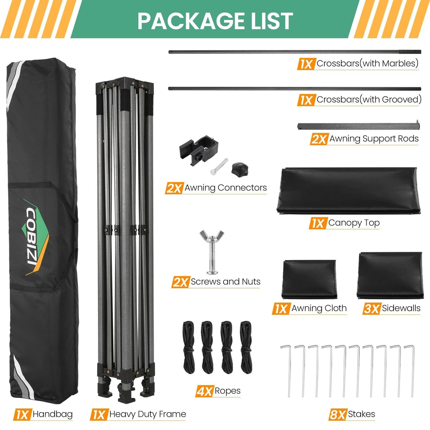 COBIZI 10x10 Pop Up Canopy Heavy Duty Party Tent with Removable Awning and Sidewalls,Easy Up Outdoor Wedding Commercial Canopy,Gazebo All Season Windproof&Waterproof UPF 50+,Black