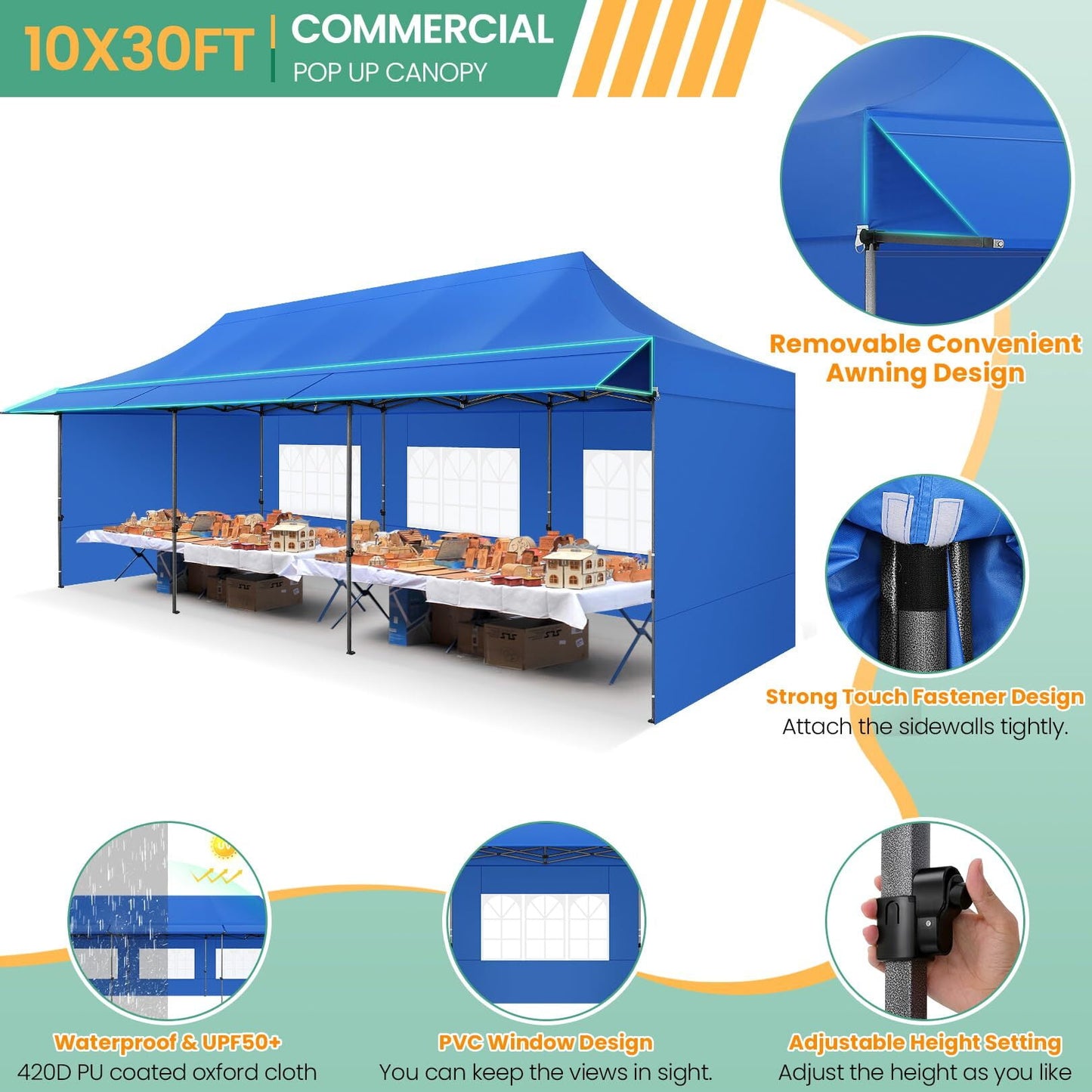 COBIZI 10x30 Pop Up Canopy Heavy Duty Party Tent with Removable Awning and Sidewalls,Easy Up Outdoor Wedding Commercial Canopy,Gazebo All Season Windproof&Waterproof UPF 50+,Blue