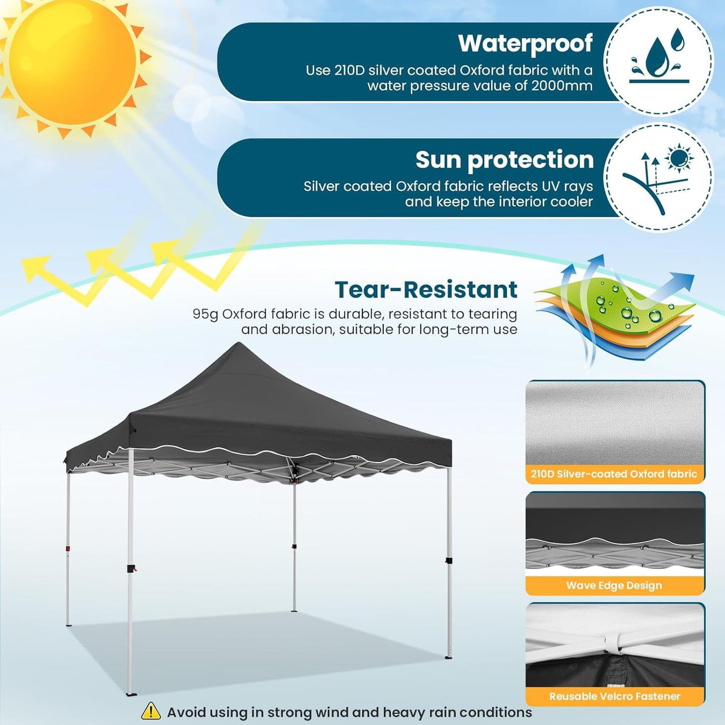 COBIZI Party Tent 10x10 Pop Up Canopy, Easy Setup Canopy Tent with Sandbags, Stakes & Ropes, UPF 50+ Waterproof Outdoor Instant Portable Shelter for Party, Events, Vendor, Gray