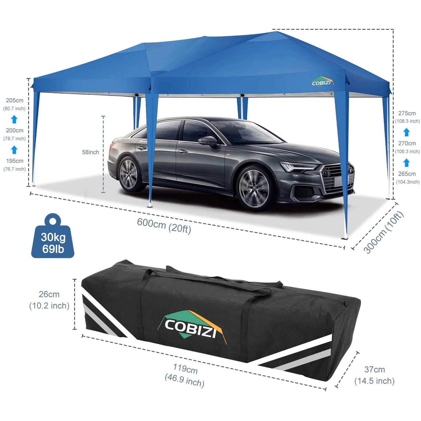 COBIZI 10x20 EZ Pop Up Canopy Tent Party Tent Outdoor Event Protable Instant Shelter Tent Gazebo with 6 Removable Sidewalls and Carry Bag,Blue