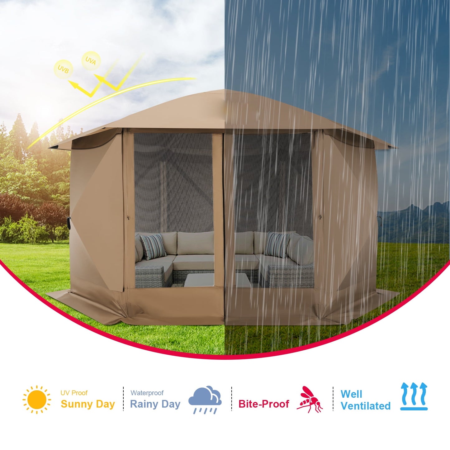 COBIZI Pop up Gazebo Screen Tent Screen House for Camping,12x12 Starry Sky Gazebo with Removable Roof, Outdoor Screened Gazebo with Sidewalls, Portable Hub Tent with Carry Bag and Ground Stakes,Khaki