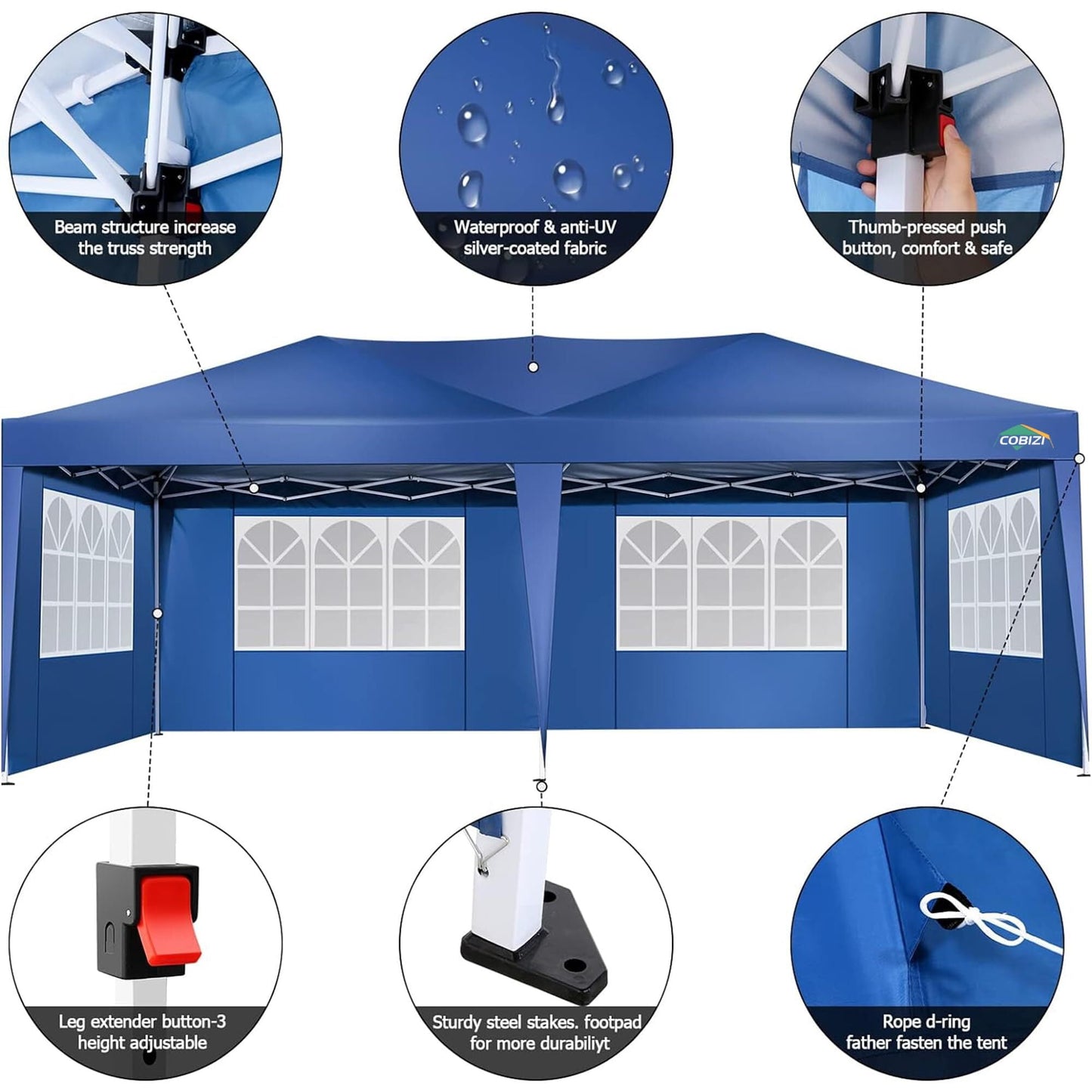 COBIZI 10x20 EZ-UP Canopy Tent Waterproof Canopy,Protable Instant Shelter Gazebo with 6 Removable Sidewalls and Carry Bag,Blue