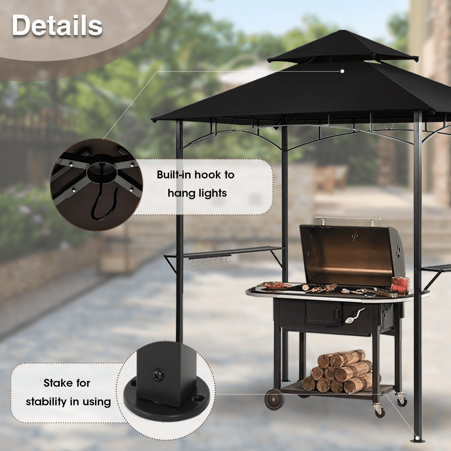 Grezjxc Grill Gazebo 8 x 5 Double Tiered Outdoor BBQ Grill Patio Canopy, Backyard Barbeque Tent with Extra Shelves, Black