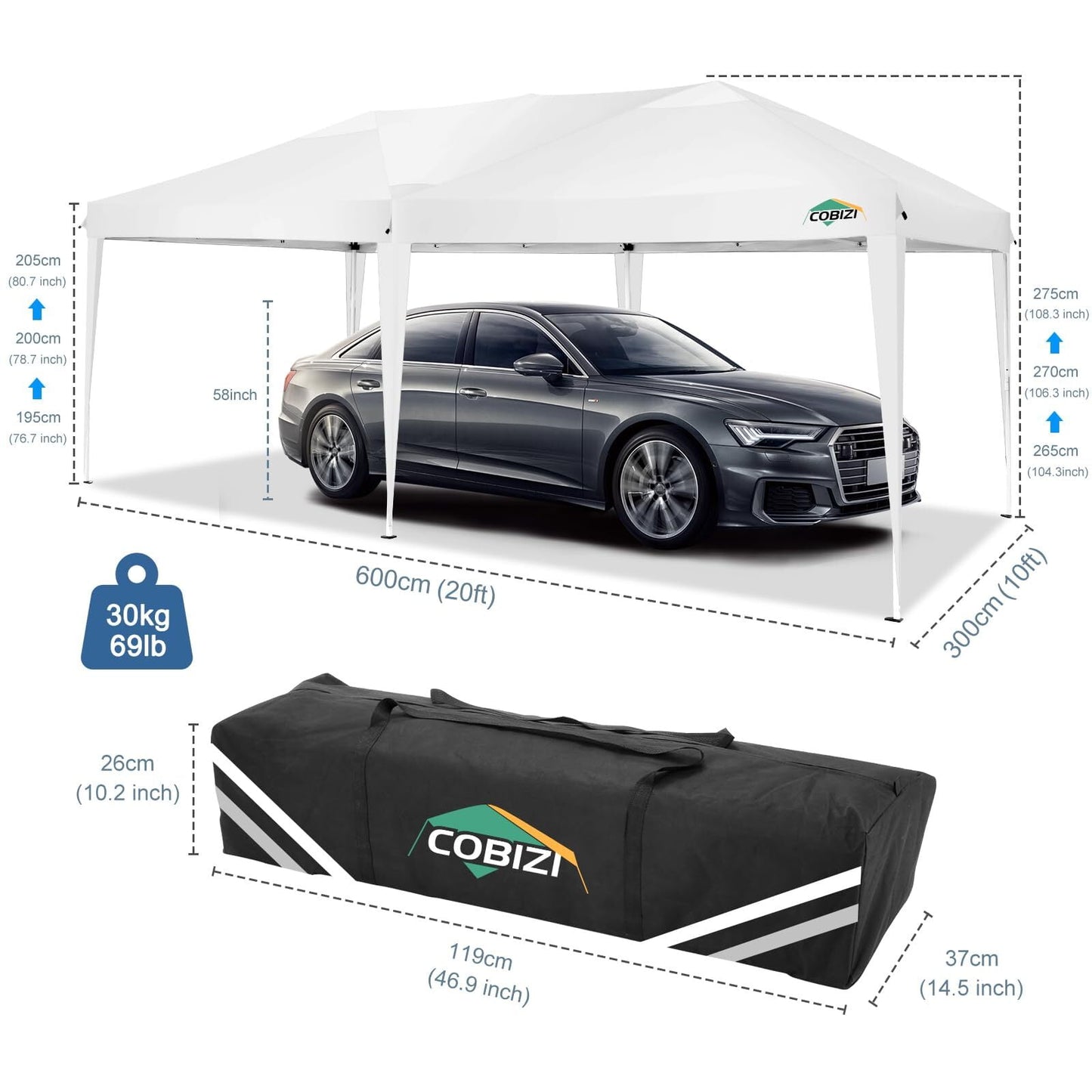 COBIZI 10x20 Pop up Canopy Party Tent Outdoor Event Protable Instant Shelter Canopy Gazebo with 6 Removable Sidewalls and Carry Bag,White