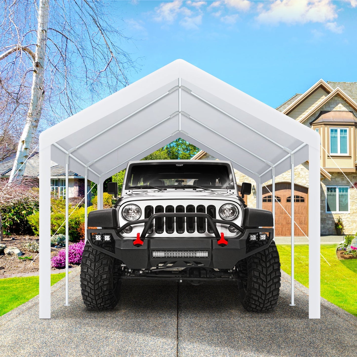 COBIZI Outdoor Metal Carport, 10' x 20' Heavy Duty Garage Car Shelter Shade, Carport Canopy with Powder-Coated Steel Frame for Outdoor Party, Birthday, Upgraded White