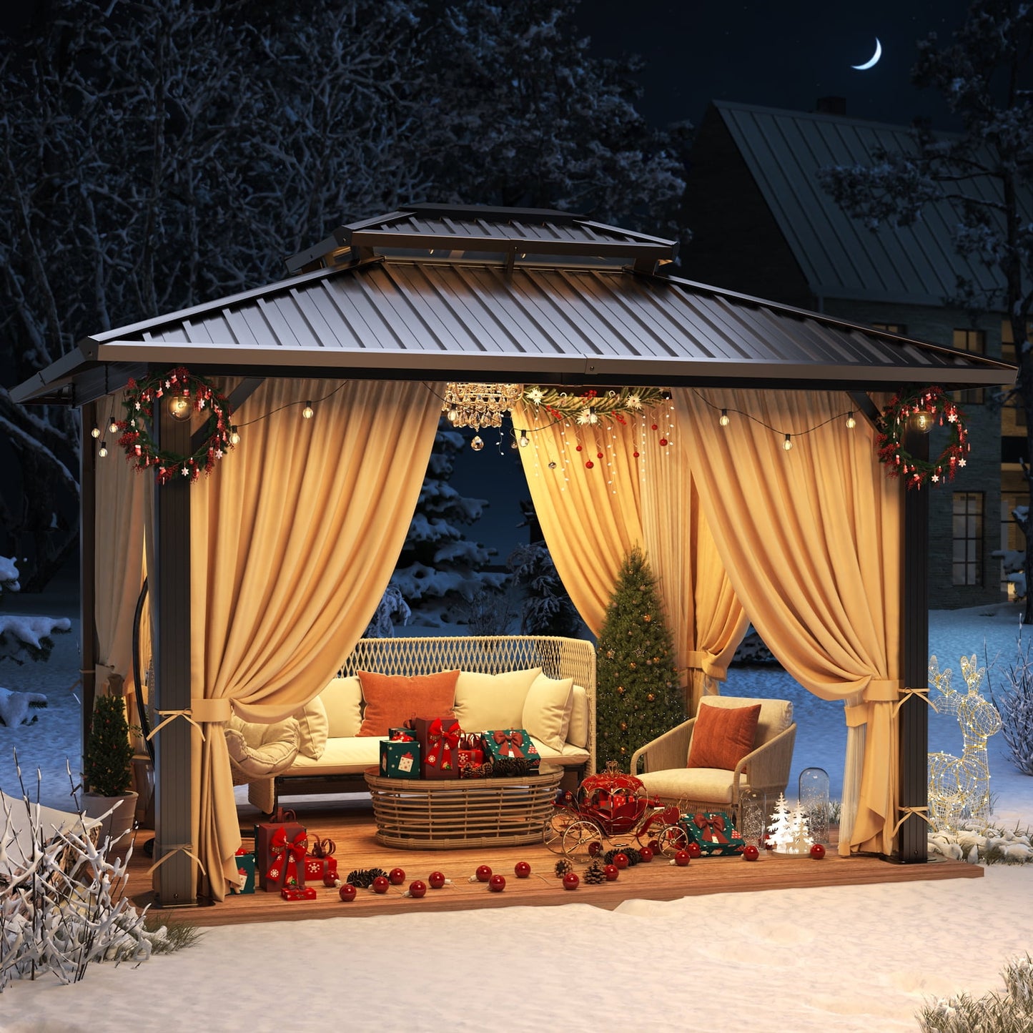 COBIZI 10x12 Hardtop Gazebo Aluminum Gazebos with Galvanized Steel Double Roof Metal Gazebo with Curtains and Netting Permanent Steel Gazebo for Backyard, Garden and Patio, Brown