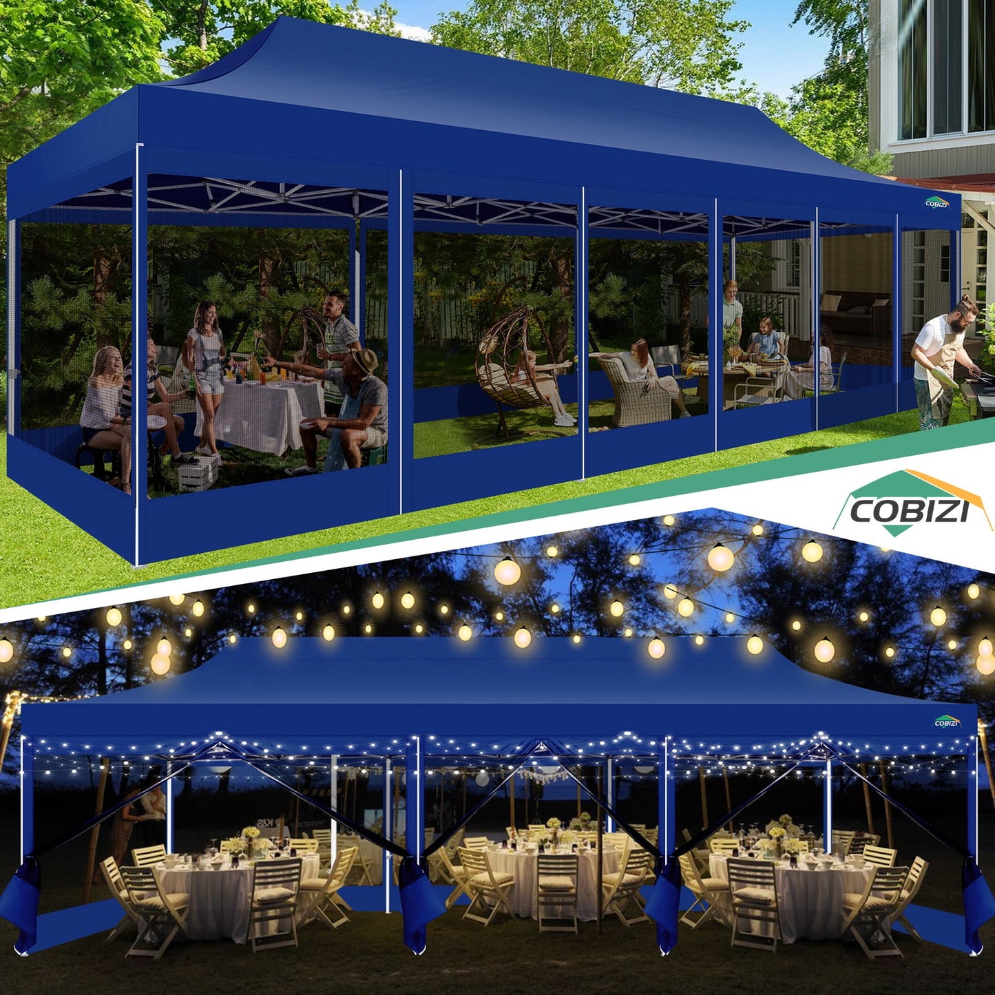 COBIZI 10x30 Heavy Duty Pop up Canopy with Mosquito Net,Instant Outdoor Shelter Large Canopy Tent for Outside,Gazebo with Mesh Sidewalls for Party,Backyard,Camping,Dark Blue