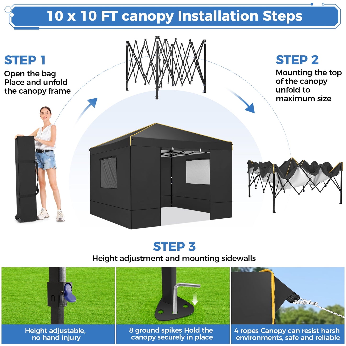 COBIZI 10X10 Pop-up Waterproof Canopy with Mesh Window, Carry Bag, Easy to Carry, 4 Removable Sidewalls, 4 Stakes & Ropes, Outdoor Tents for Party/Exhibition/Picnic,Black