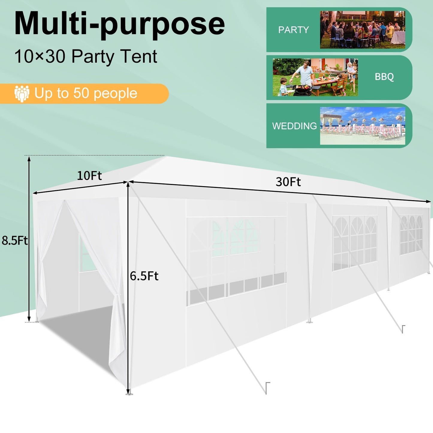 COBIZI Party Tent 10x30 Canopy Tents for Parties with 8 Removable Sidewalls, Waterproof Outdoor Tent for Weddings and Events