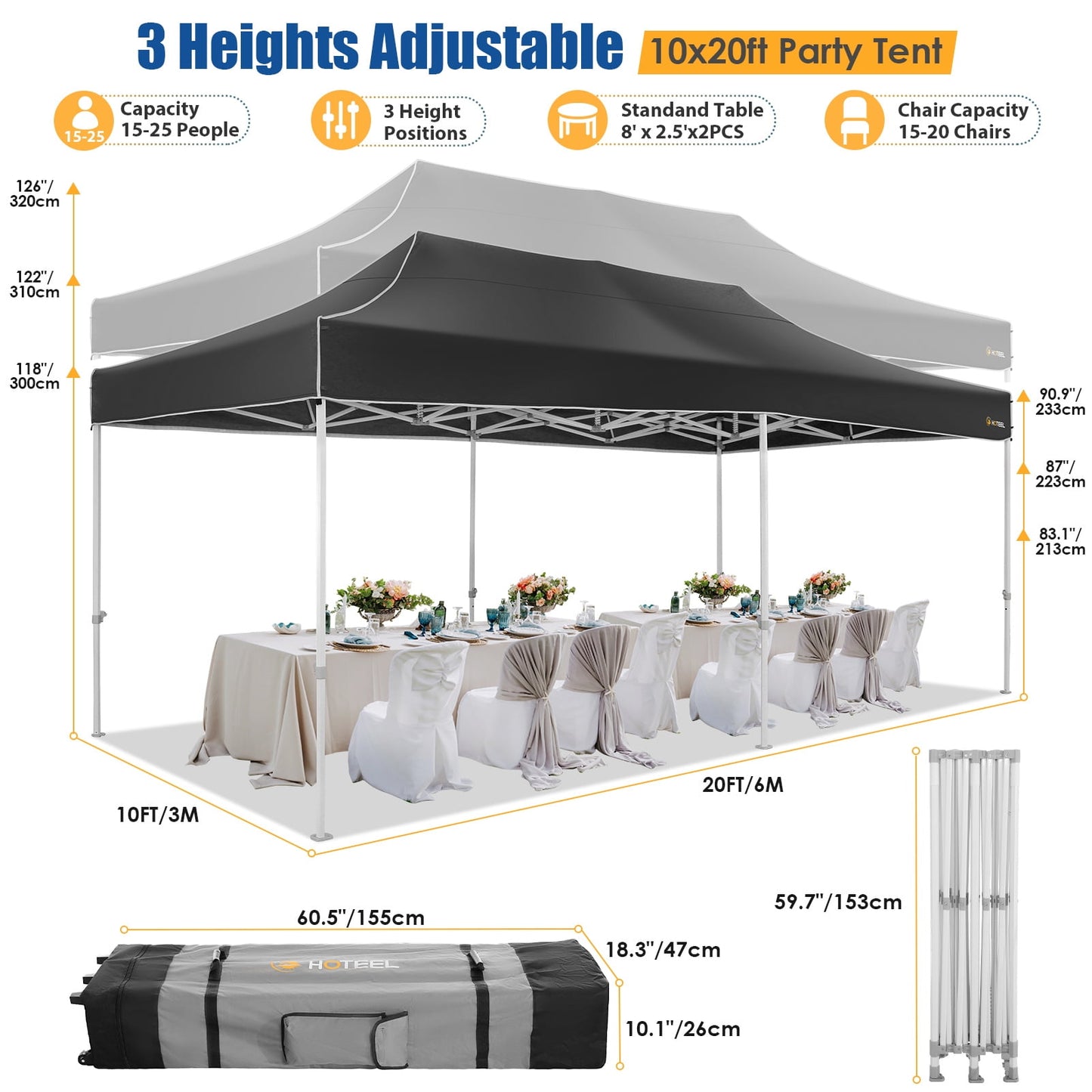 COBIZI 10x20 Heavy Duty Pop Up Canopy Tent, Commercial Outdoor Canopy Tents for Parties Event Wedding,Easy up Gazebo with Roller Bag, Waterproof & UV 50+, Upgraded Thickened Hexagonal Legs, Black