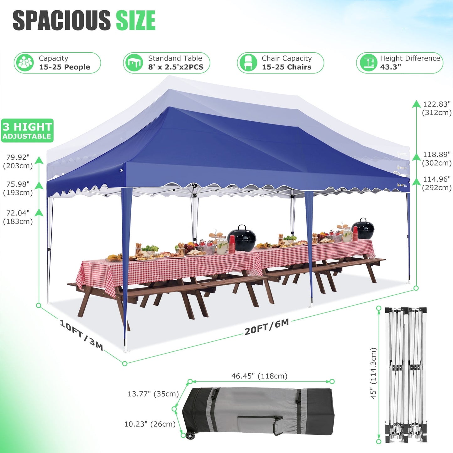 COBIZI 10x20 Canopy Tent Pop Up Canopy, Outdoor Shade Tent with Wheeled Bag & Curled Edge Fully Waterproof, Portable Event Tents for Parties, Wedding, Backyard, Camping,Dark Blue