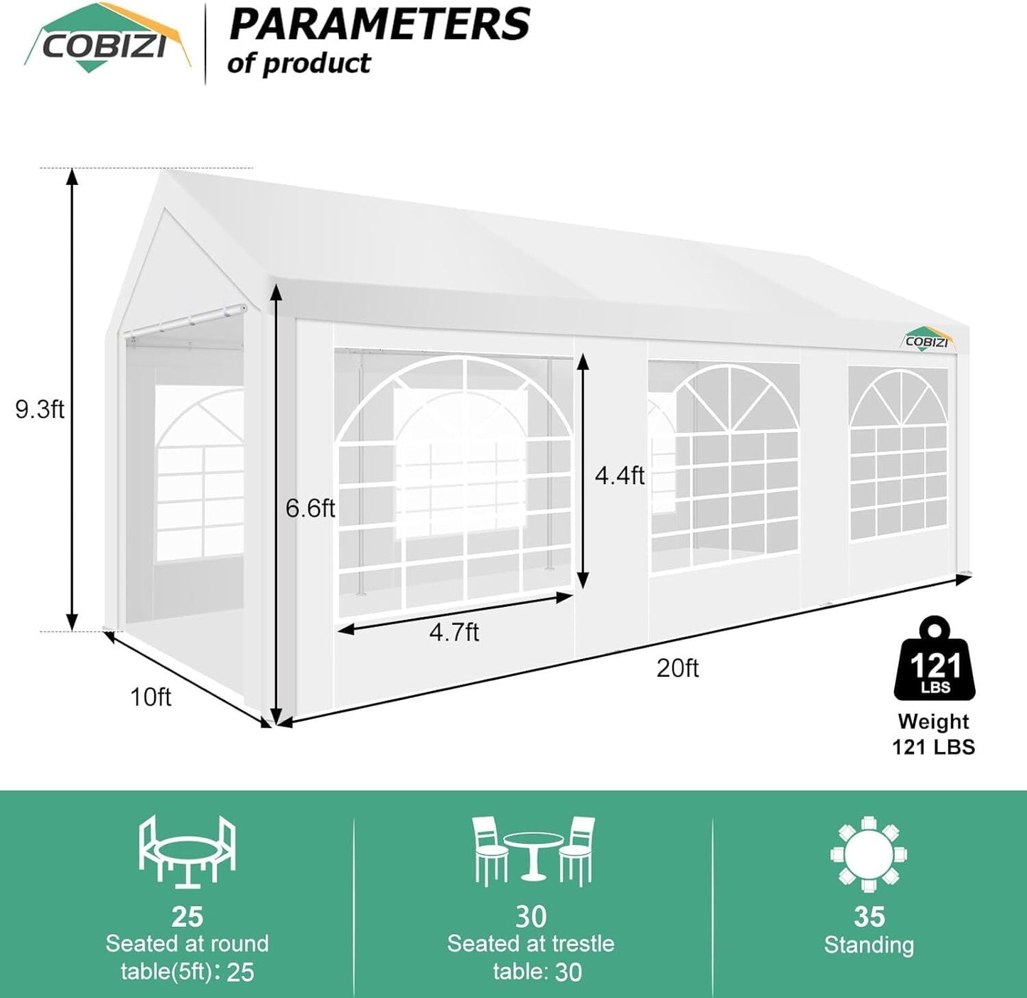 COBIZI 10x20ft Heavy Duty Party Tent, Ourdoor Canopy Wedding Tent with Removable Sidewalls, Large Event Tent, White Tent for Party, Carpas para Fiestas, Canopy Tent with Built-in Sandbags, UV 50+