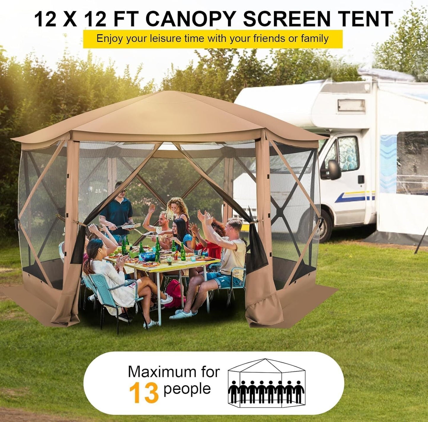 COBIZI 12x12 Pop-up Gazebo Starry Sky Screen Canopy Tent Screen House for Camping, Screen Room with Mosquito Netting, Hub Tent Instant Screened Canopy with Carrying Bag and Ground Stakes, Khaki