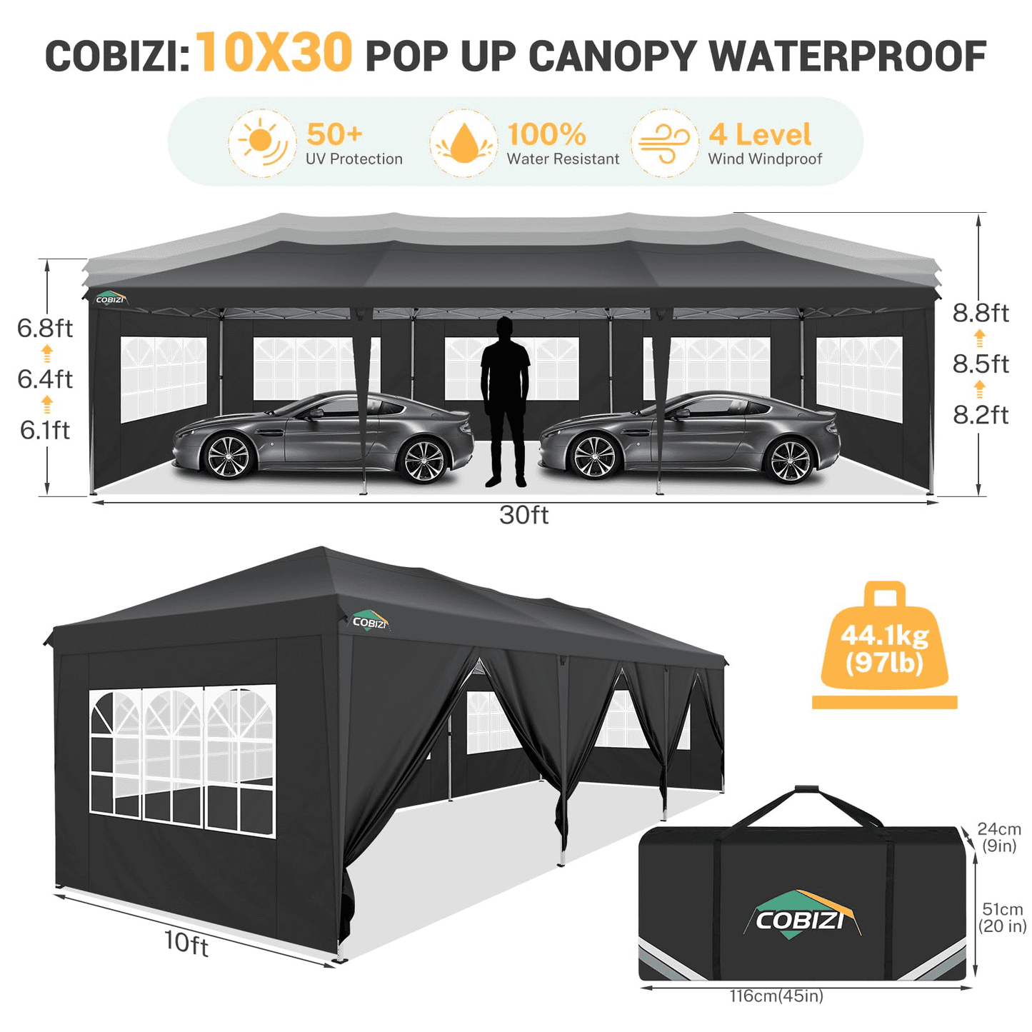 COBIZI 10x30 Canopy Party Tent Tent with 8 Sidewalls,Waterproof UPF 50+ 0utdoor Wedding Event Tents for Parties Backyard Pop up Canopy Gazebo with 4 Sand Bags&Carry Bags,Black