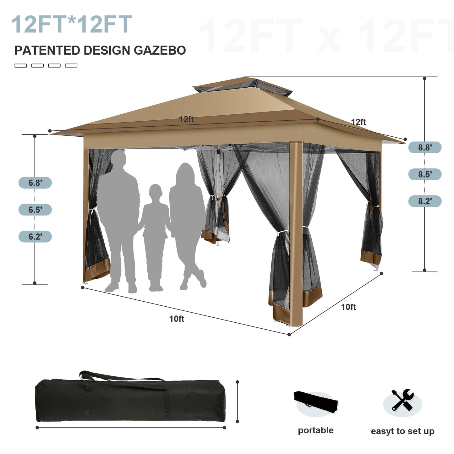 COBIZI 12'x12' Pop-up Gazebo Patio Gazebo Outdoor Gazebo Canopy with Mosquito Netting Patio Tent Backyard Canopy with 2-Tiered Vented Top 3 Adjustable Height and 144 Square Ft of Shade, Brown