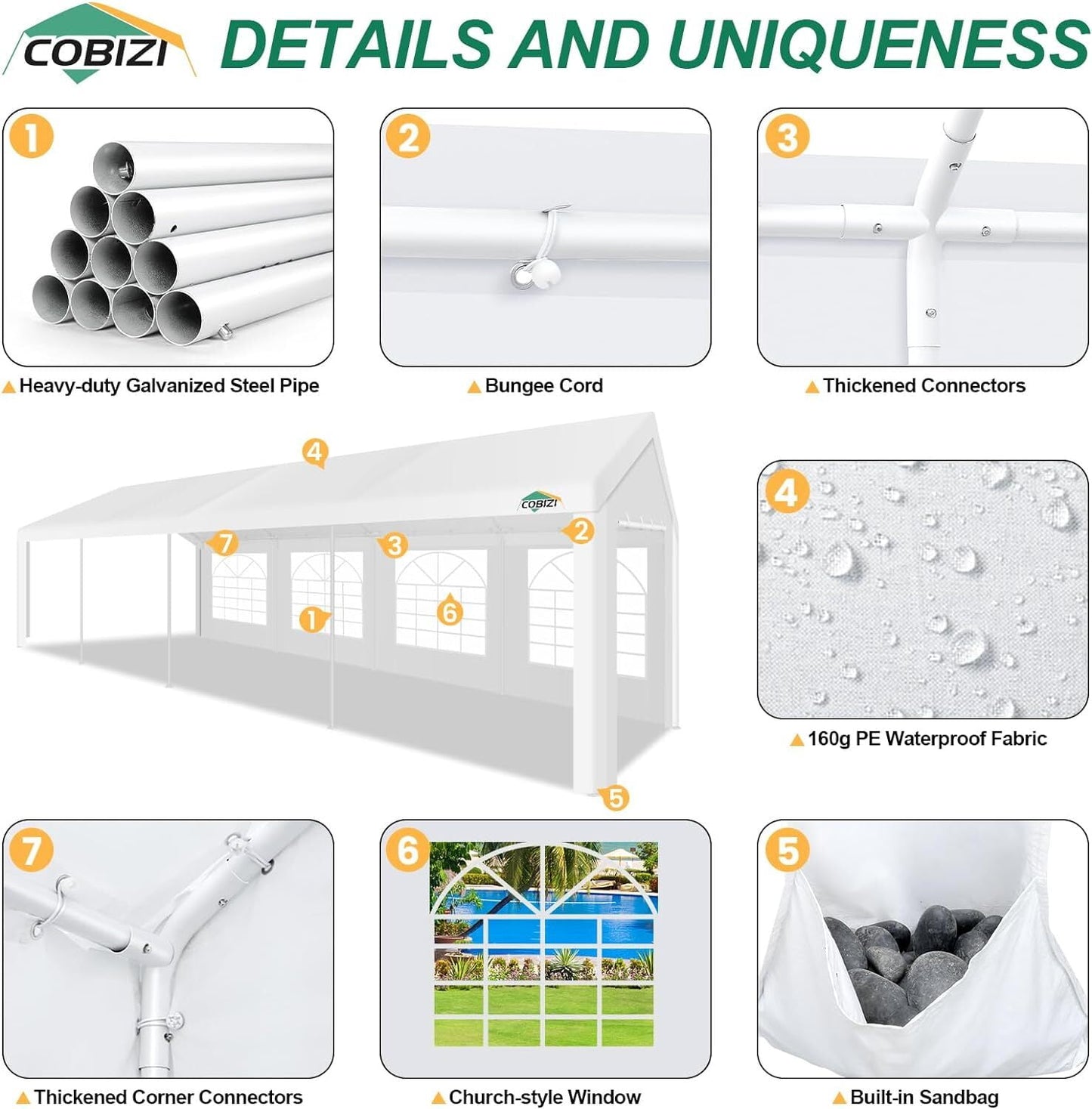 COBIZI 10x30ft Party Tent Heavy Duty, Wedding Tent, Event Tent for Parties, Carpas para Fiestas with 6 Removable Sidewalls, 10x30 Tent with Built-in Sandbag, UV50+, Waterproof, Carport, White