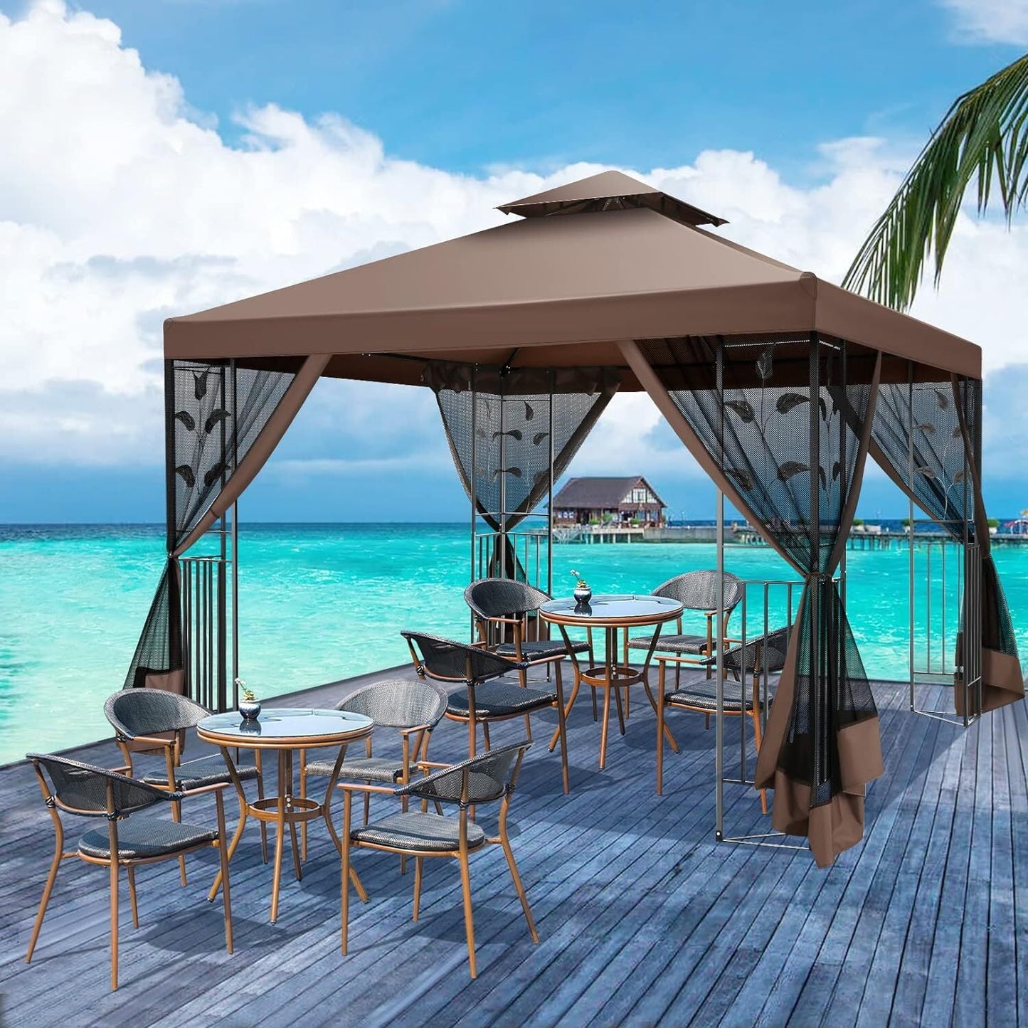 COBIZI Gazebo 10x10 Outdoor Gazebo Patio Gazebo with Mosquito Netting, Heavy Duty Gazebo Double Roof Outdoor Canopy with Sturdy Metal Frame Gazebo Tent for Patio, Deck, Backyard (Brown, New)