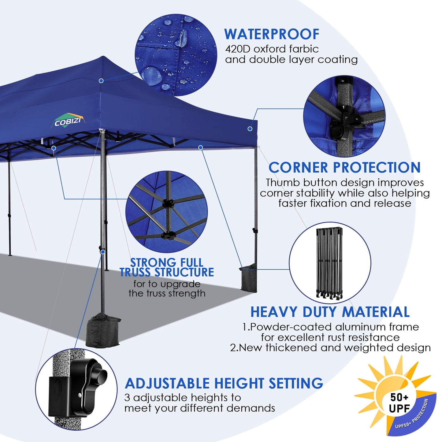 COBIZI 10 x 30 Heavy Duty Pop-up Canopy Tent with Adjustable Height, Waterproof and Instant Outdoor Shelter, Summer Canopy for Beach,Party,Camping Includes 4 Sandbags, and Carrying Bag,Blue