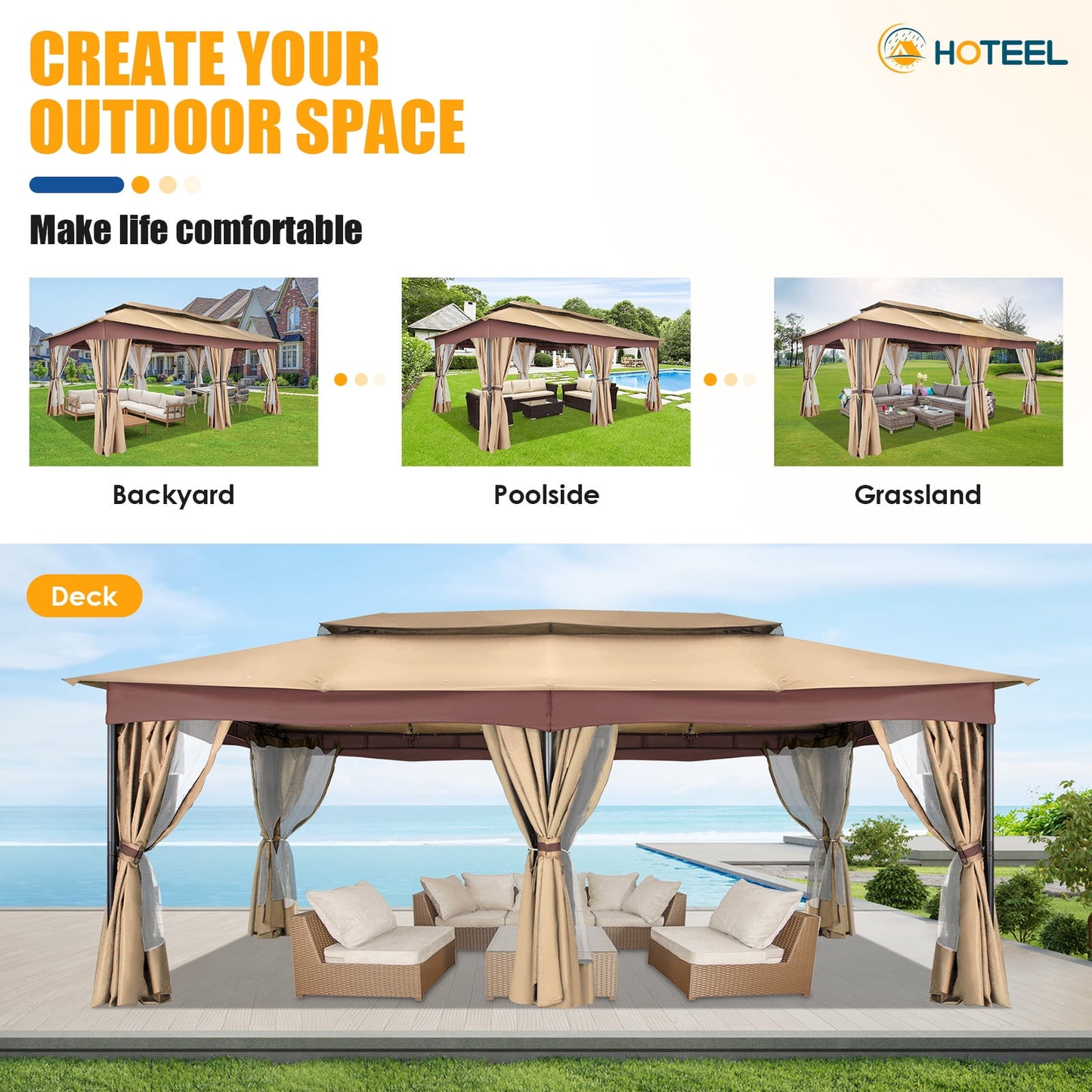 Hoteel Outdoor Gazebo 12x20 Patio Gazebo with Netting and Curtains Waterproof Gazebo with Double Roof Large Backyard Gazebo with Metal Steel Frame for Backyard, Lawn, Party, Garden, Khaki