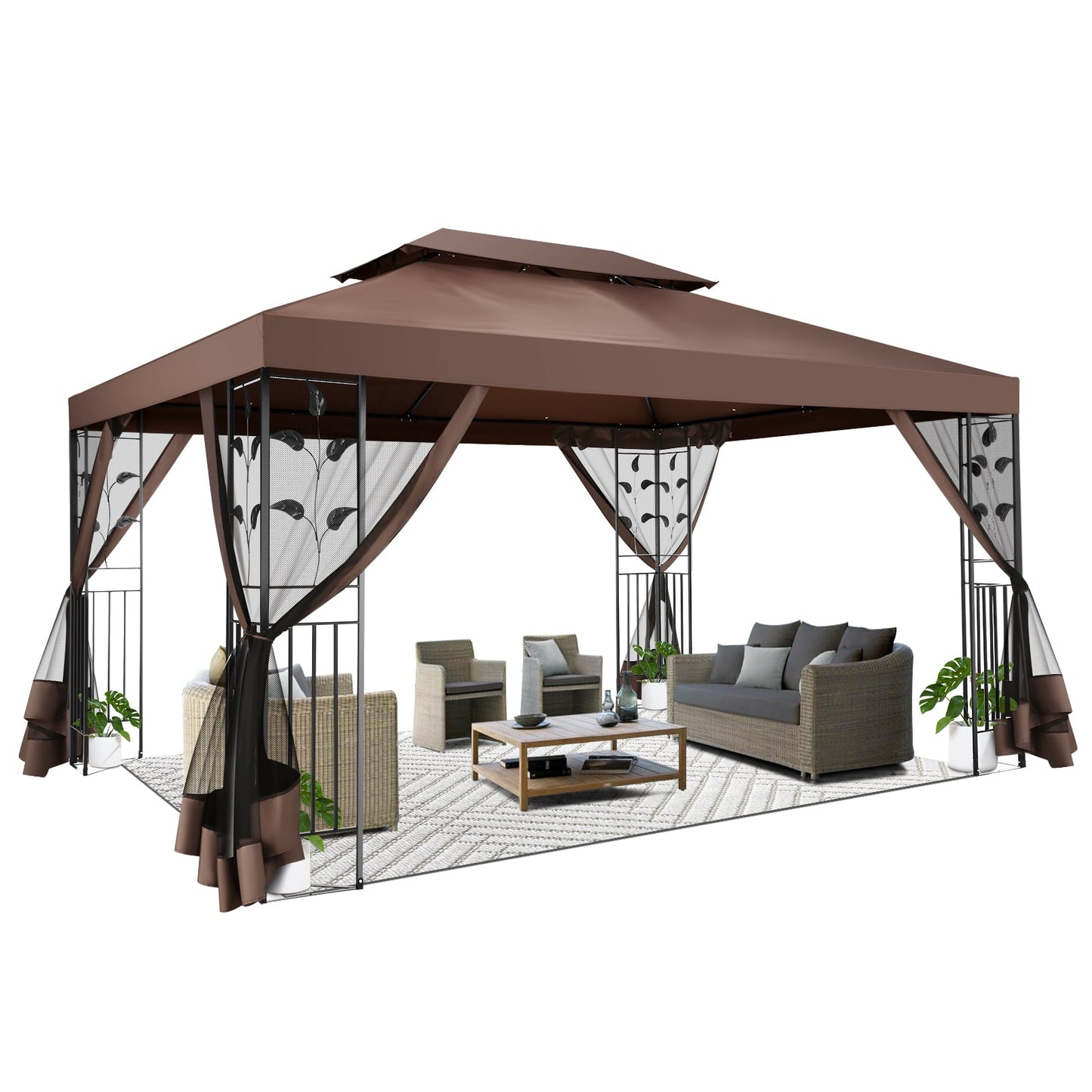 Waterproof COBIZI 10'x 13' Yard Garden Gazebo, Sturdy Steel Frame Canopy Tent with Mosquito Netting, Brown