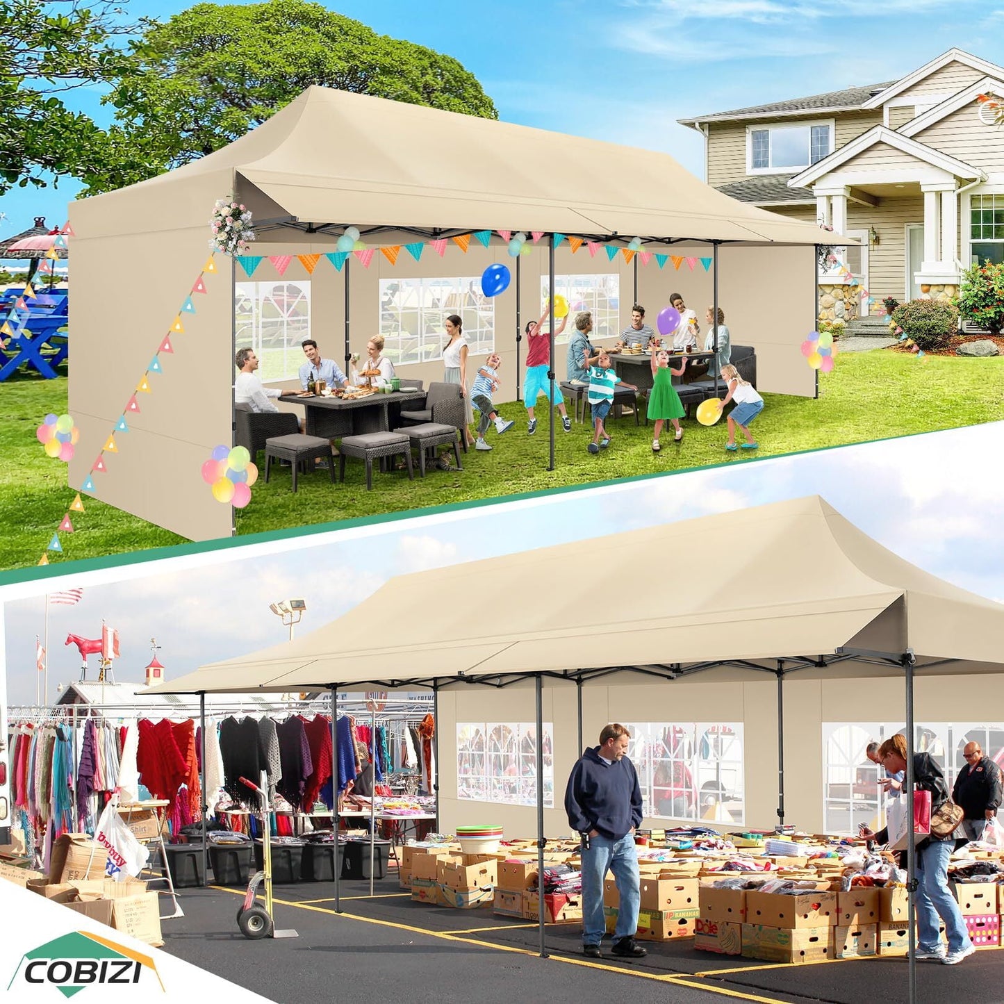 COBIZI 10x30 Pop Up Canopy Heavy Duty Party Tent with Removable Awning and Sidewalls,Easy Up Outdoor Wedding Commercial Canopy,Gazebo All Season Windproof&Waterproof UPF 50+,Blue