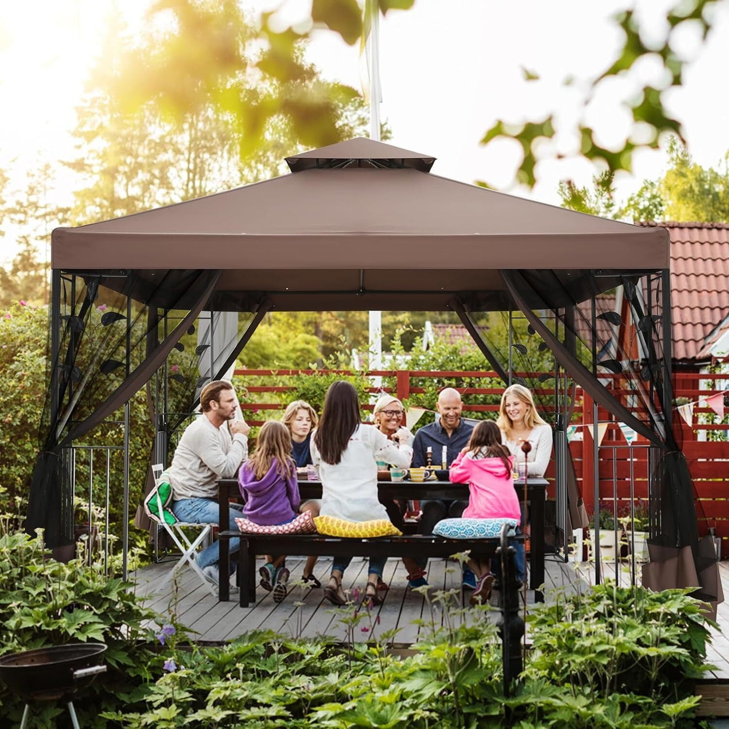 COBIZI Gazebo 10x10 Outdoor Gazebo Patio Gazebo with Mosquito Netting, Heavy Duty Gazebo Double Roof Outdoor Canopy with Sturdy Metal Frame Gazebo Tent for Patio, Deck, Backyard (Brown, New)