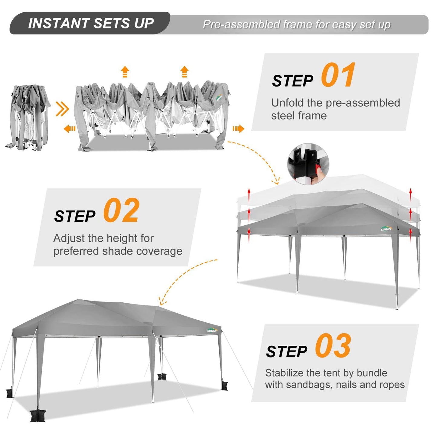 COBIZI 10x20 EZ Pop Up Canopy Tent Party Tent Outdoor Event Protable Instant Shelter Tent Gazebo with 6 Removable Sidewalls and Carry Bag,Gray
