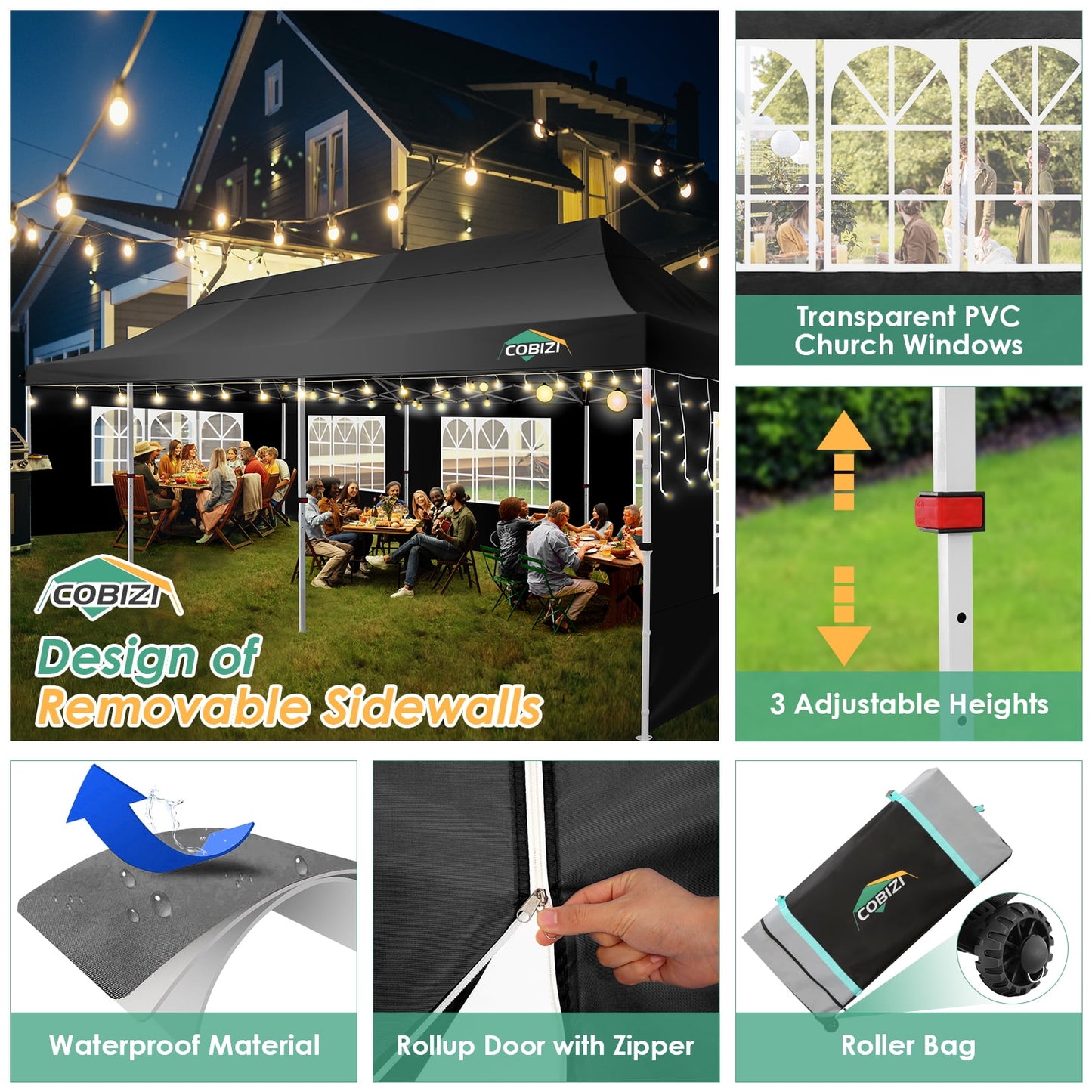 COBIZI 10x30 Pop-up Canopy Outdoor Wedding Party Tent Patio Gazebo Commercial Canopy Tent with Sidewalls Black