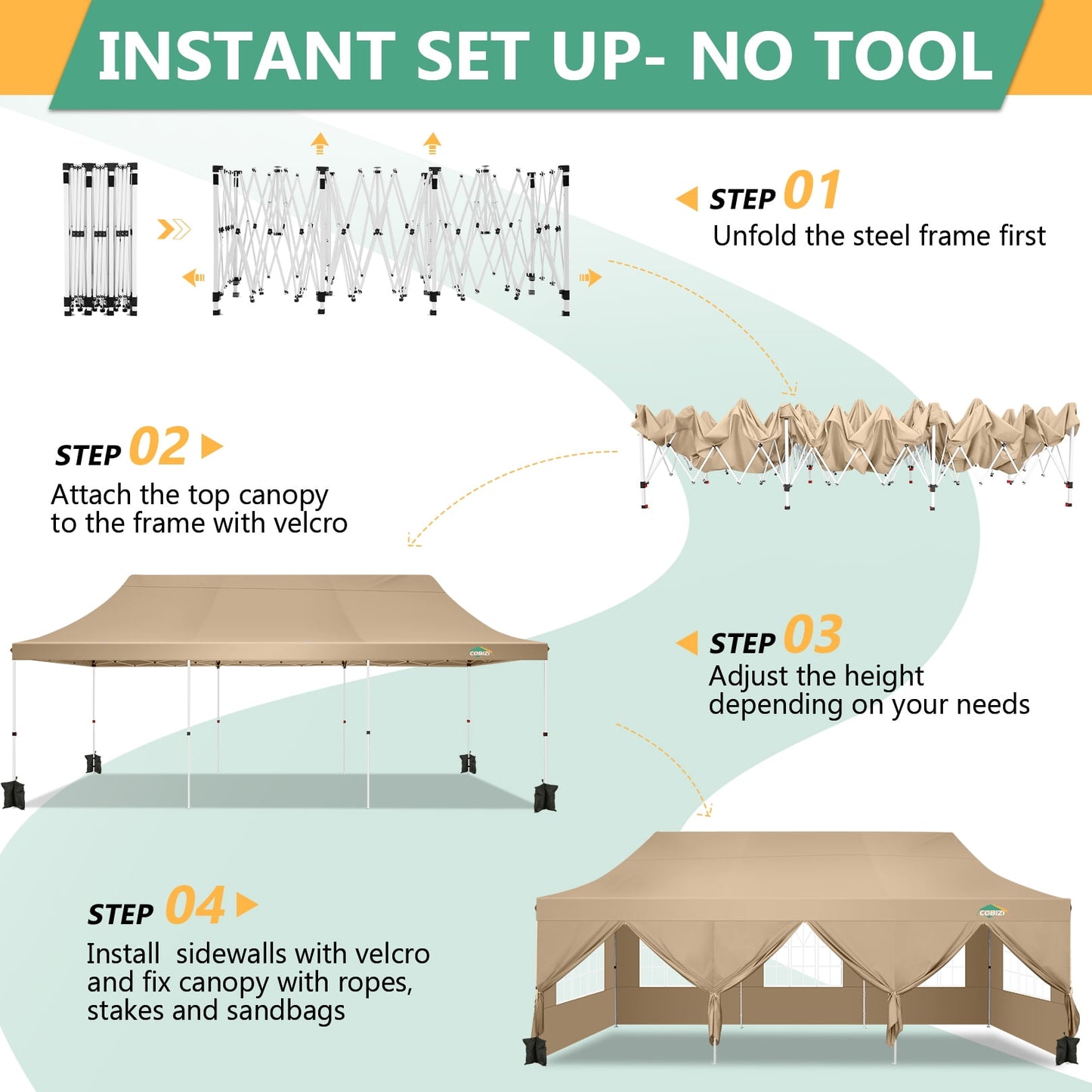 COBIZI 10x30 Pop-up Canopy Outdoor Wedding Party Tent Patio Gazebo Commercial Canopy Tent with Sidewalls Khaki