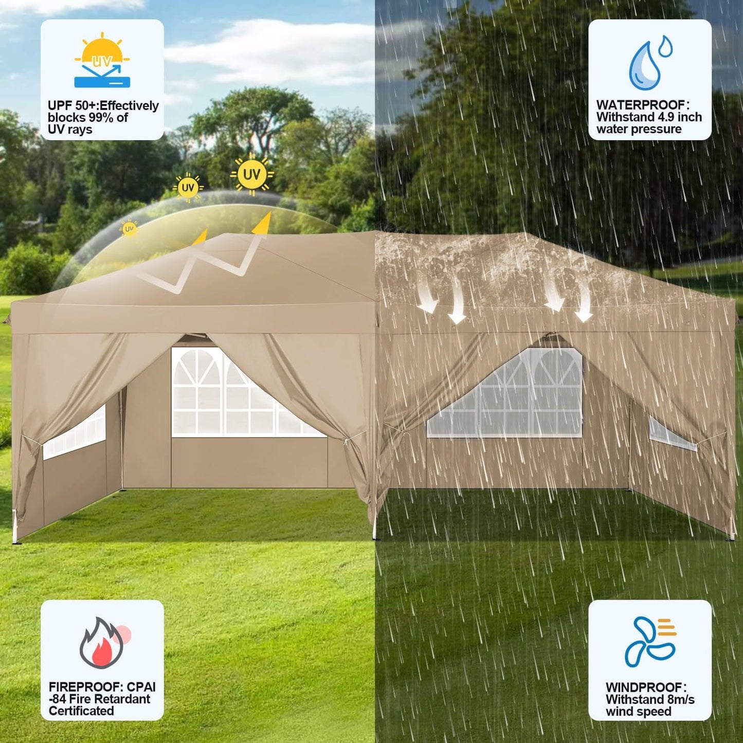 COBIZI 10x20 Pop Up Canopy Tent Party Canopy Outdoor Event Protable Instant Shelter Canopy Gazebo with 6 Removable Sidewalls and Carry Bag,Khaki