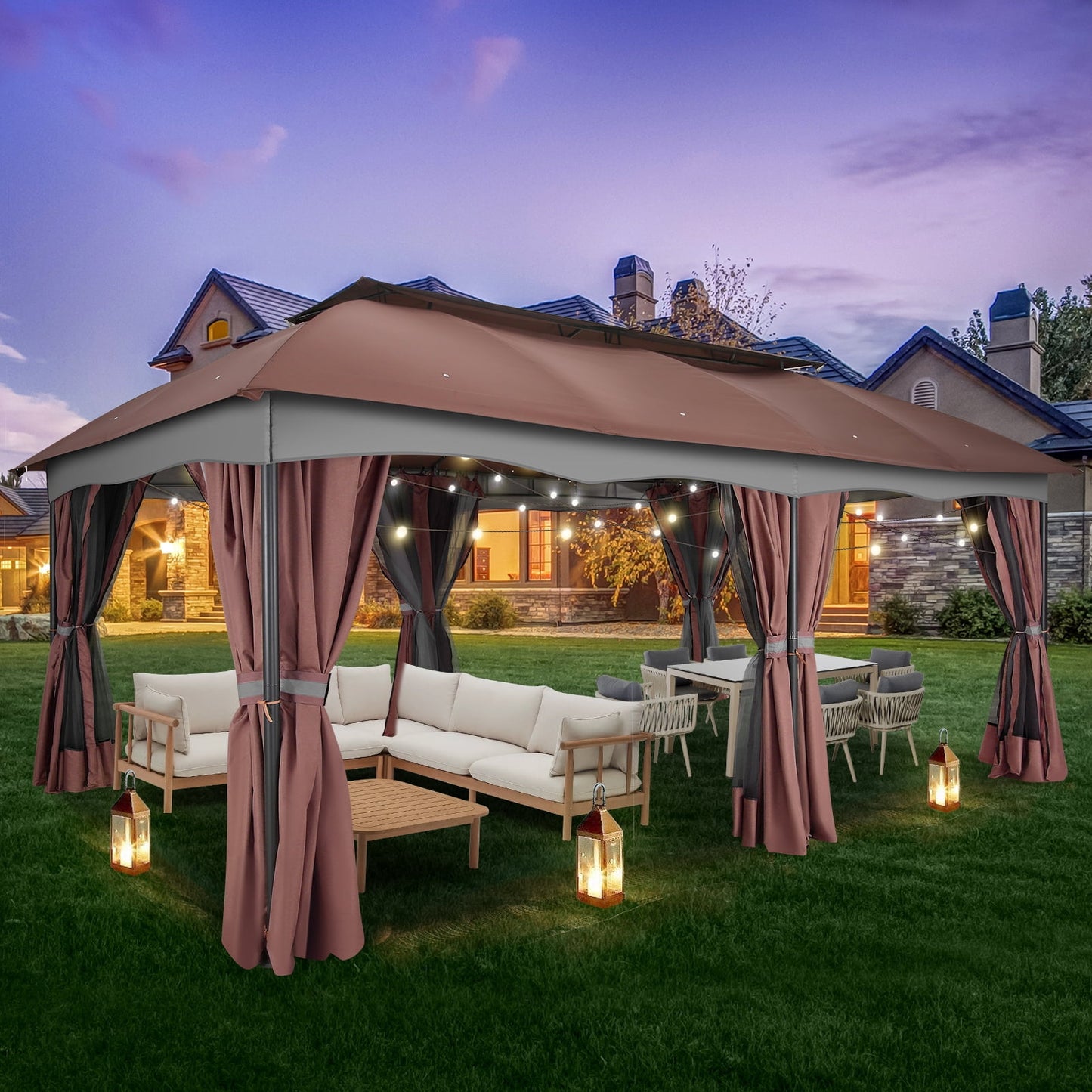 COBIZI Gazebo 12x20 Heavy Duty Patio Gazebo with Mosquito Netting Deck Gazebo with Metal Steel Frame Large Screen Gazebo Tent Waterproof with Double Roof for Party, Backyard, Deck, Garden, Brown