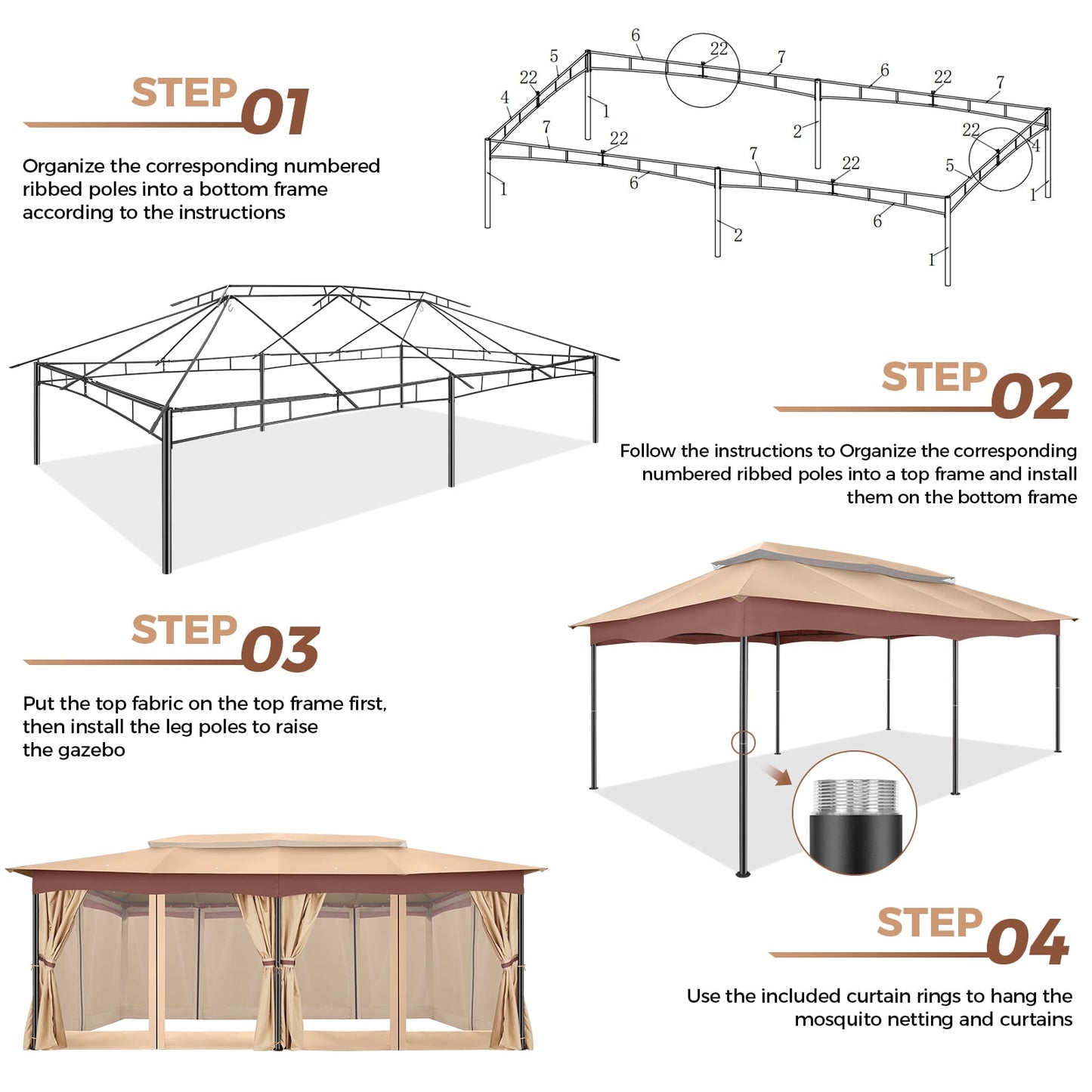 COBIZI 12x20 Heavy Duty Canopy Gazebo Outdoor Gazebo with 6 Netting and Curtains 100% Waterproof Party Wedding Tents with Double Roof and Metal Steel Frame for Backyard, Patio, Lawn, Garden, Brown