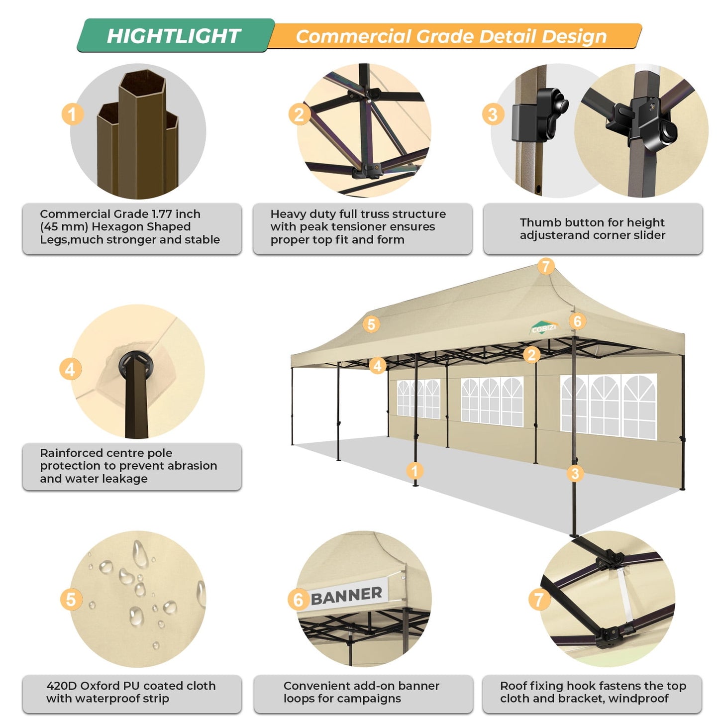 COBIZI Heavy Duty 10x30 Party Tent,Commercial pop up Canopy for Parties,Waterproof Gazebos, 8 Sidewalls,Waterproof UPF50+,Stable Thickened Frame,Khaki