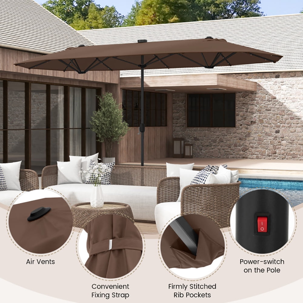 GVN 13FT Double-sided Patio Umbrella with Solar Lights for Garden Pool Backyard-Coffee, Patio Offset Umbrella with Easy Tilt Adjustment, Cantilever Patio Umbrellas, Sunshade Umbrella Canopy