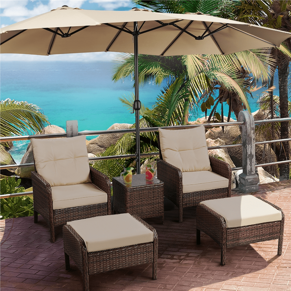 Renwick 15ft Double-Sided Twin Patio Outdoor Umbrella with Base, Tan