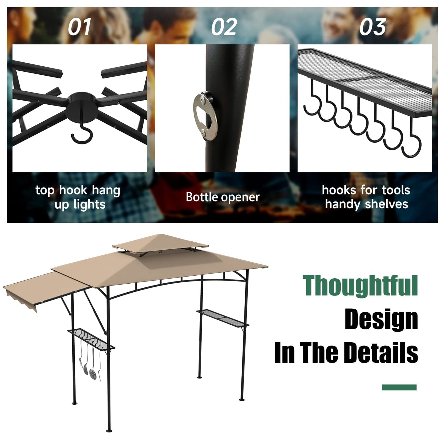 Umbrauto Grill Gazebo 11' x 5' Double Tier BBQ Canopy with Extra Shade and 15 Hooks Patio Shelter