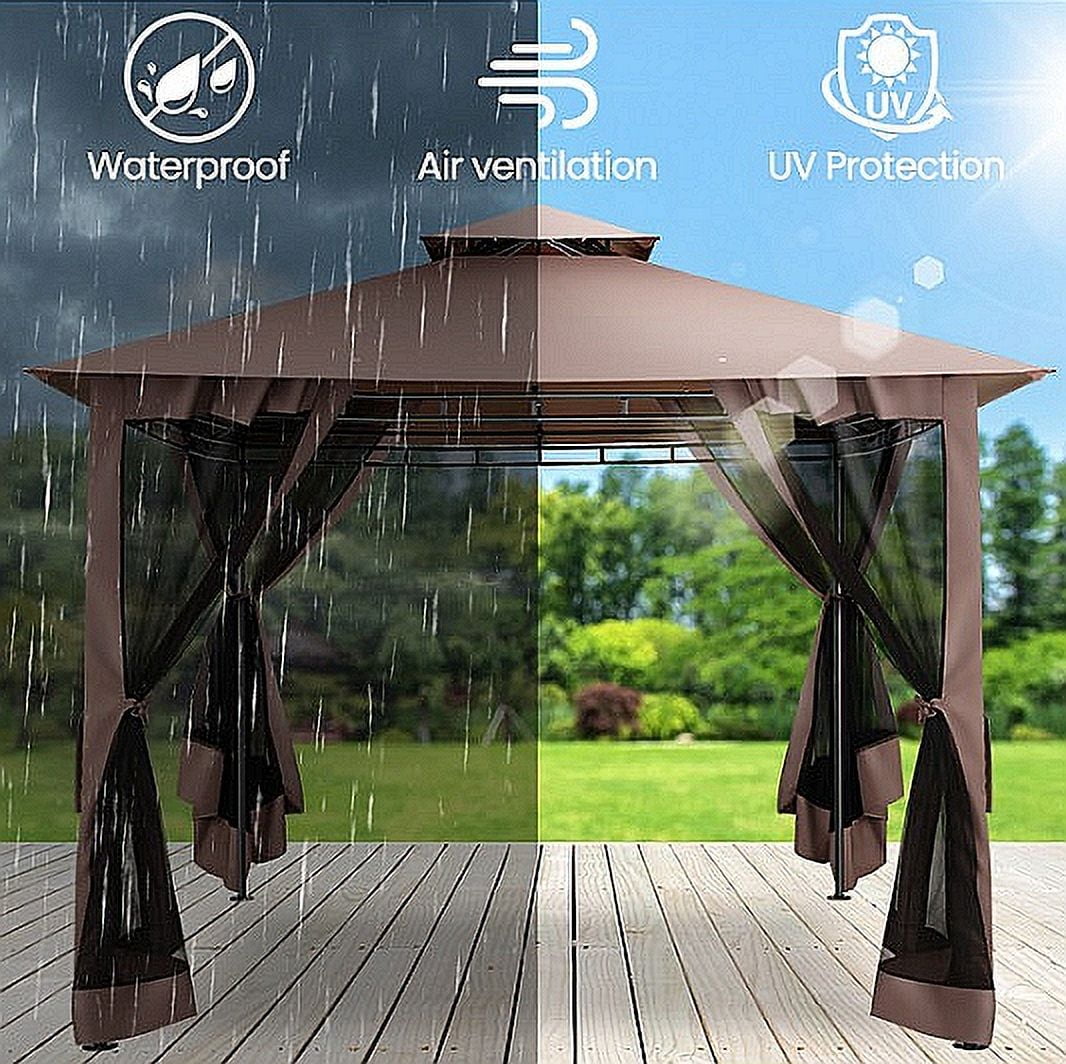 COBIZI Easy Assembly Outdoor Furniture Patio Canopy,10x10 Outdoor Gazebo with Mosquito Netting,Shade Tent for Party, Backyard, Deck, Patio Lawn & Garden,Brown