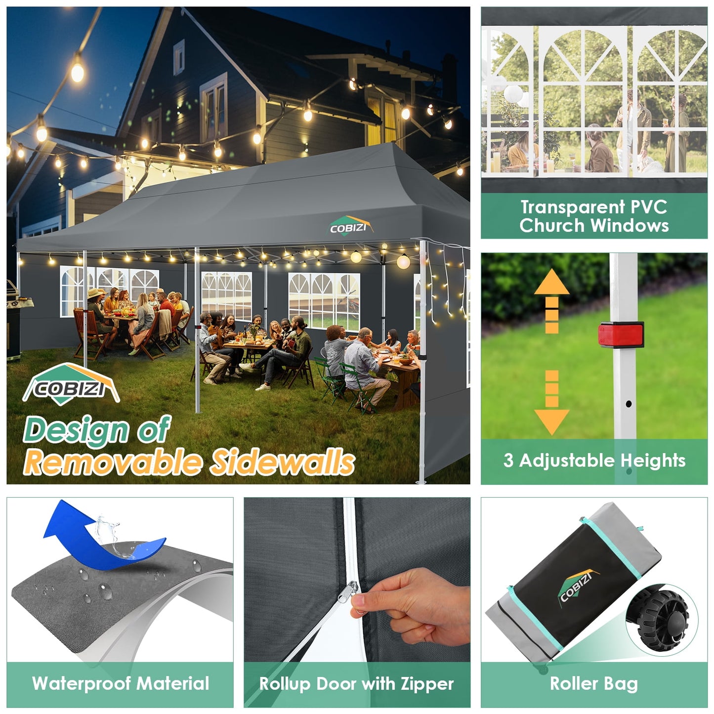 COBIZI 10x30 Pop-up Canopy Outdoor Wedding Party Tent Patio Gazebo Commercial Canopy Tent with Sidewalls Gray