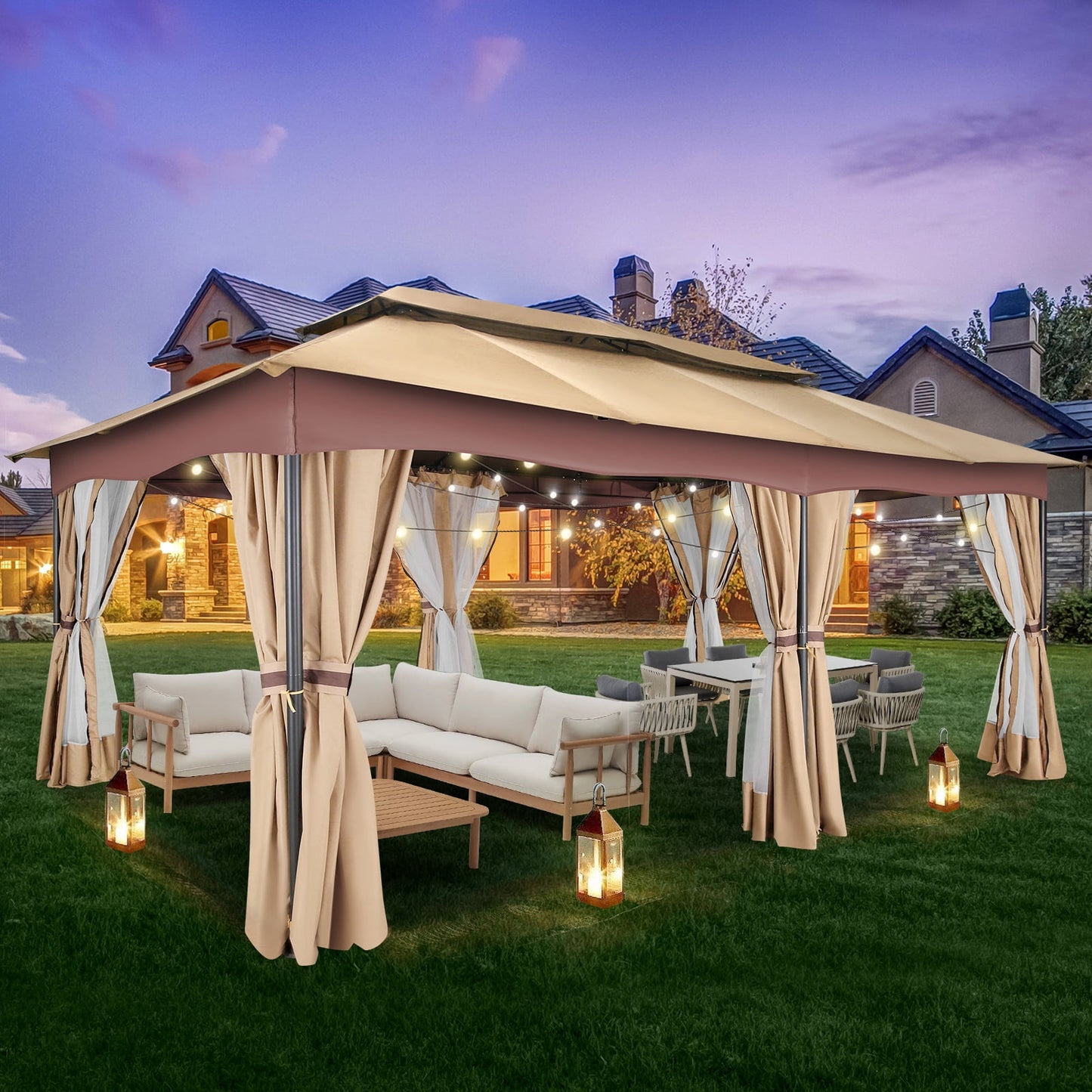 COBIZI 12x20 Heavy Duty Canopy Gazebo Outdoor Gazebo with 6 Netting and Curtains 100% Waterproof Party Wedding Tents with Double Roof and Metal Steel Frame for Backyard, Patio, Lawn, Garden, Brown