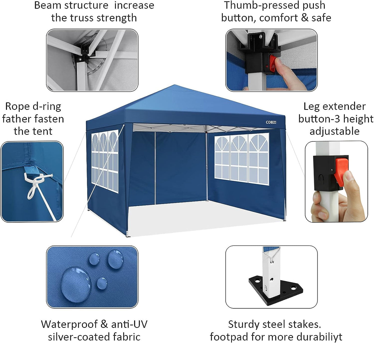 COBIZI 10'x10' Easy Portable Popup Canopy Waterproof Shelter with Sidewalls for Outdoor, Party, Camping - Blue