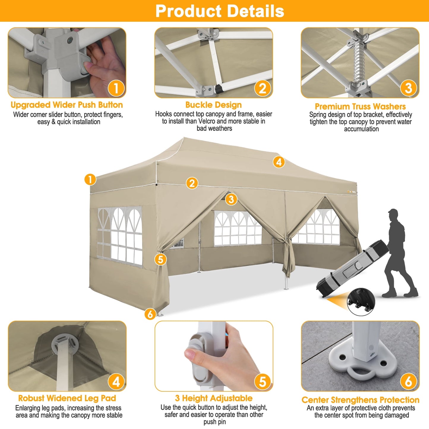 COBIZI Canopy 10x20 Pop up Canopy with 6 Sidewalls Heavy Duty Party Tent Outdoor Party Event Gazebo Commercial Canopy Tents for Parties Wedding Outdoor Events,Khaki