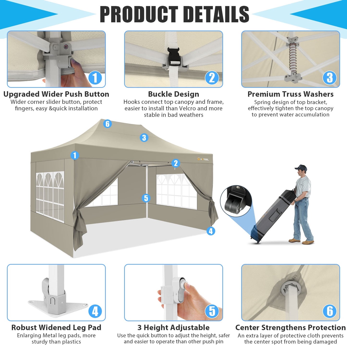 COBIZI 10x15 Pop up Canopy Tent Heavy Duty with 4 Sidewalls Tents for Parties Outdoor Canopy Event Tent Wedding with Roller Bag,Upgraded UV 50+ , Thick Hexagonal Legs, khaki