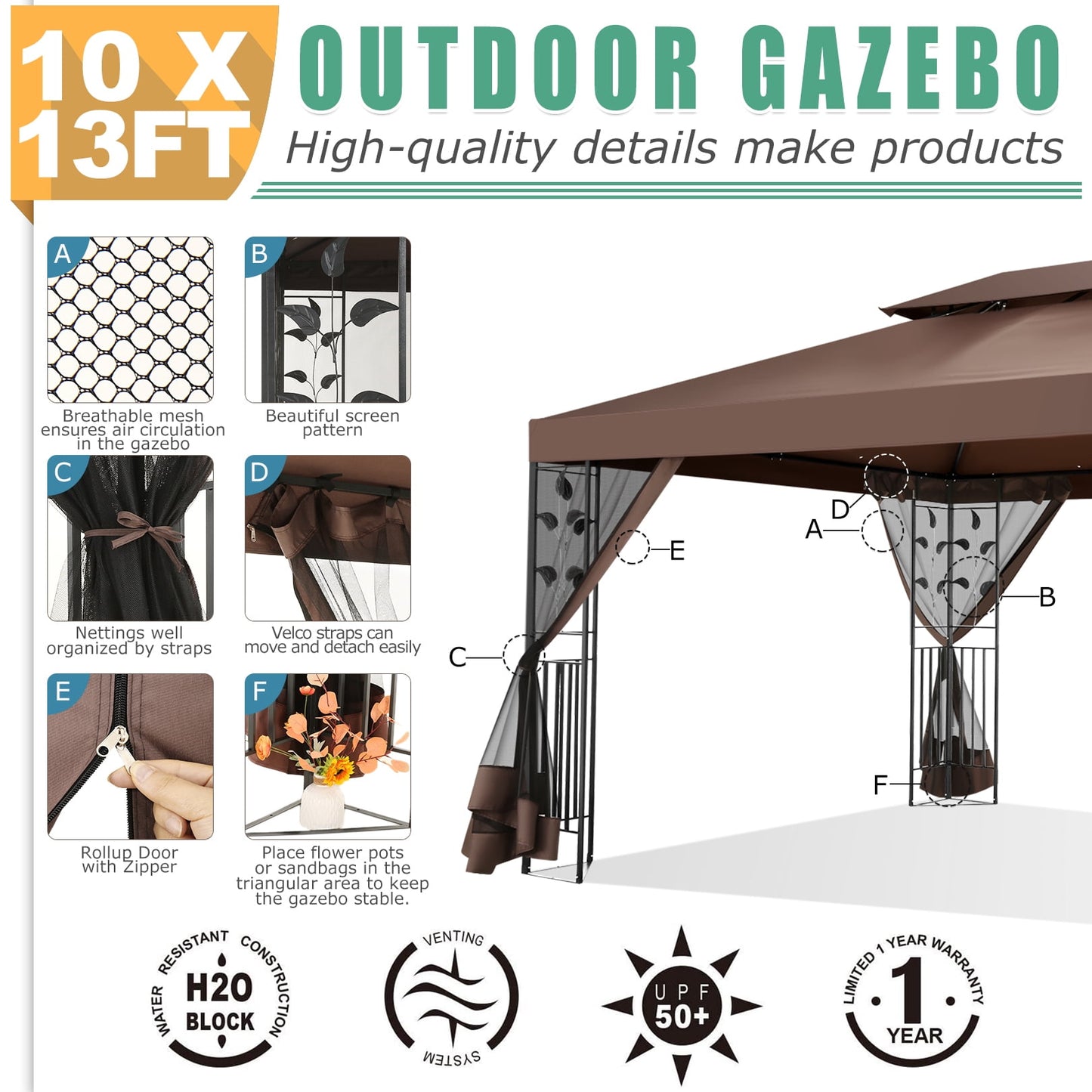 Waterproof COBIZI 10'x 13' Yard Garden Gazebo, Sturdy Steel Frame Canopy Tent with Mosquito Netting, Brown