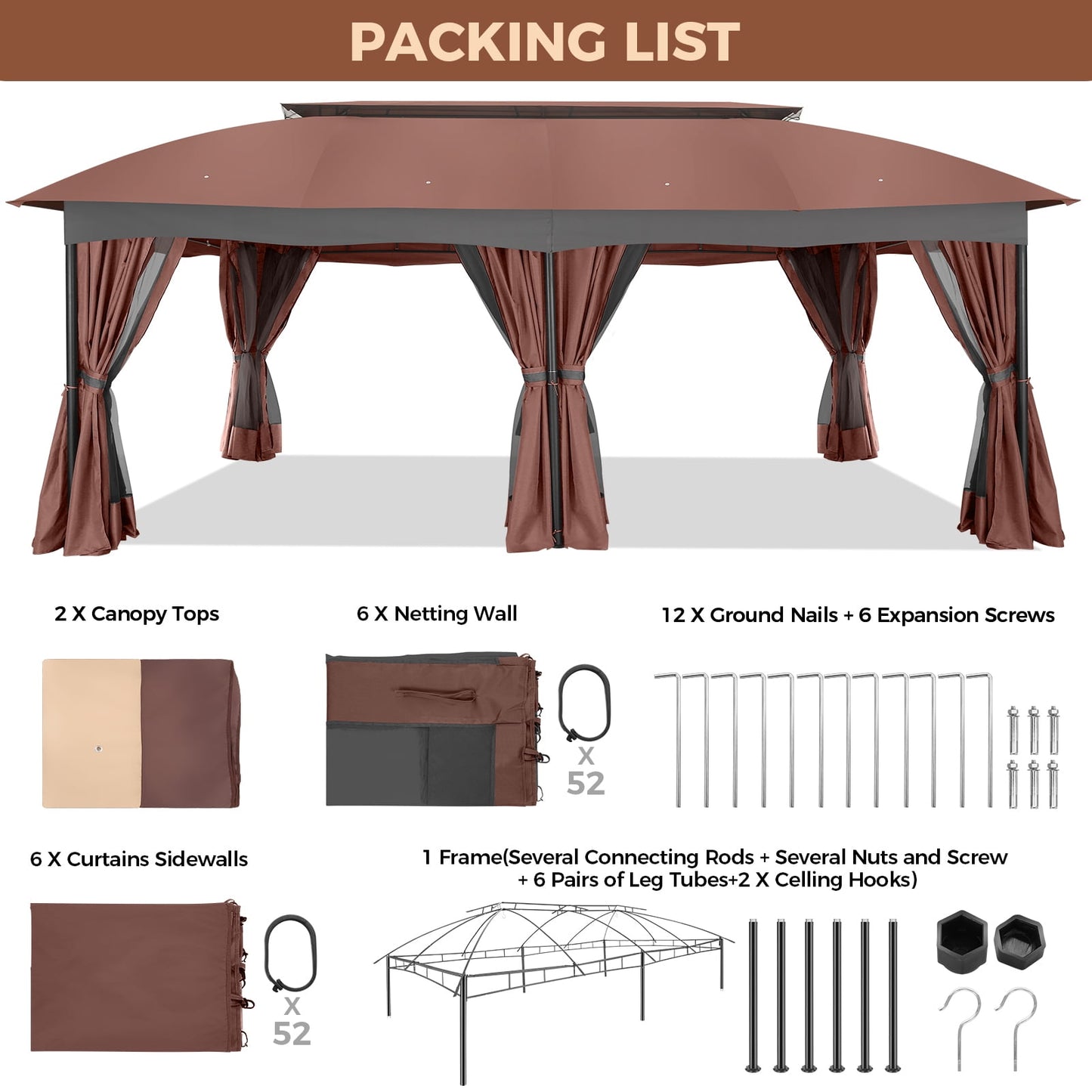 COBIZI Heavy Duty 12x20 Metal Patio Gazebo Outdoor Gazebo Canopy Tent with 6 Mosquito Netting and Curtains Gazebos Shelter 100% Waterproof with Double Roof for Party, Backyard, Deck, Garden, Brown
