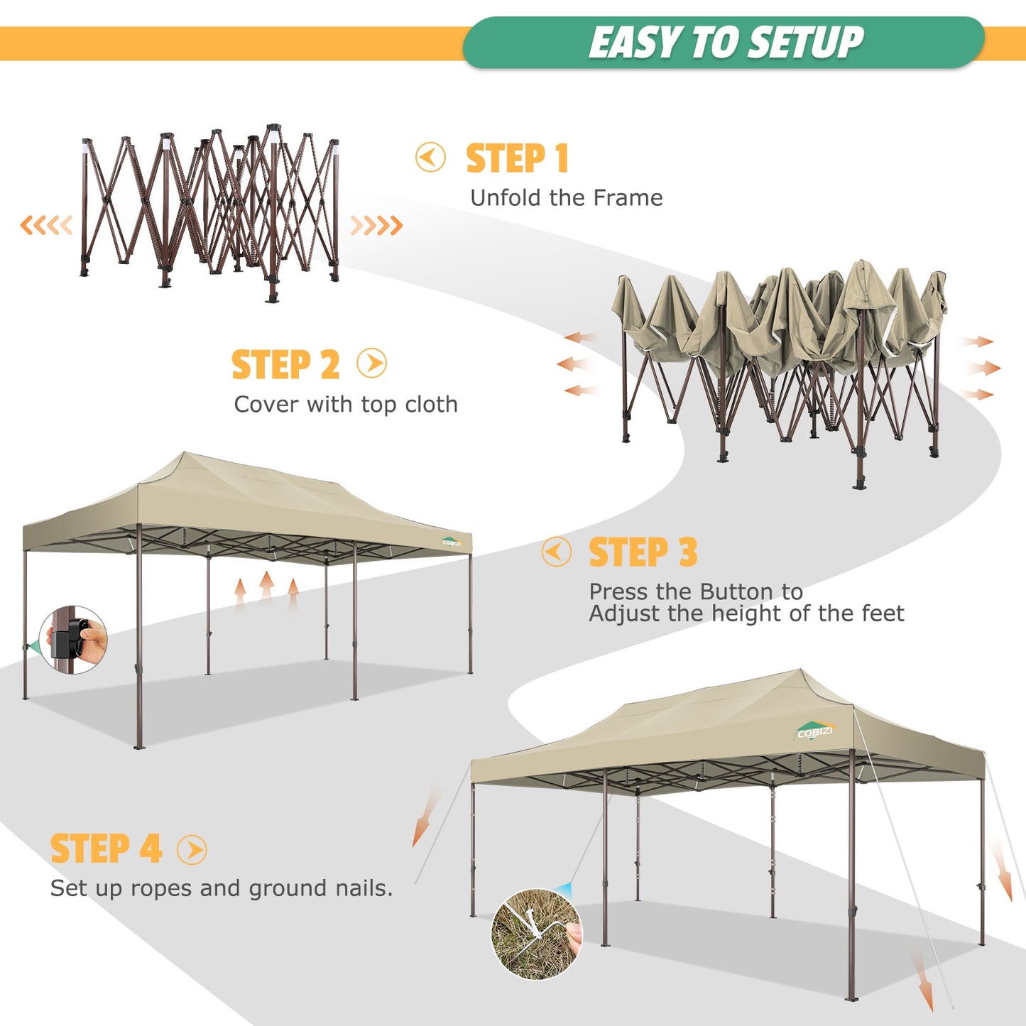COBIZI 10x20 Pop Up Heavy Duty Canopy Tent with 4 Sandbags, Commercial Pop Up Tent for Parties All Weather Waterproof and UV 50+ Wedding Tent with Roller Bag, Outdoor Gazebo for Patio,khaki