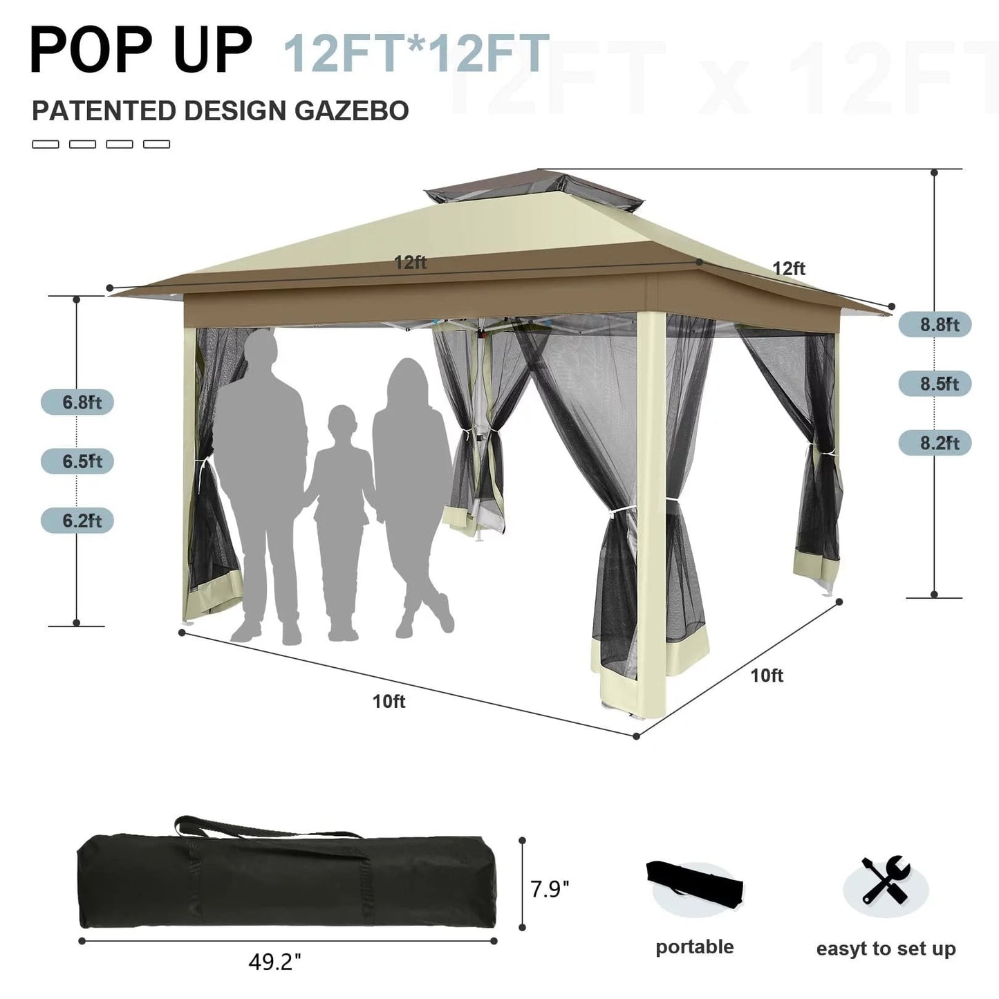 COBIZI 12x12 Zip Canvas Garden Shelter, Outdoor Gazebo Pop-up Canopy with Mosquito Netting, Patio Tent, Beige